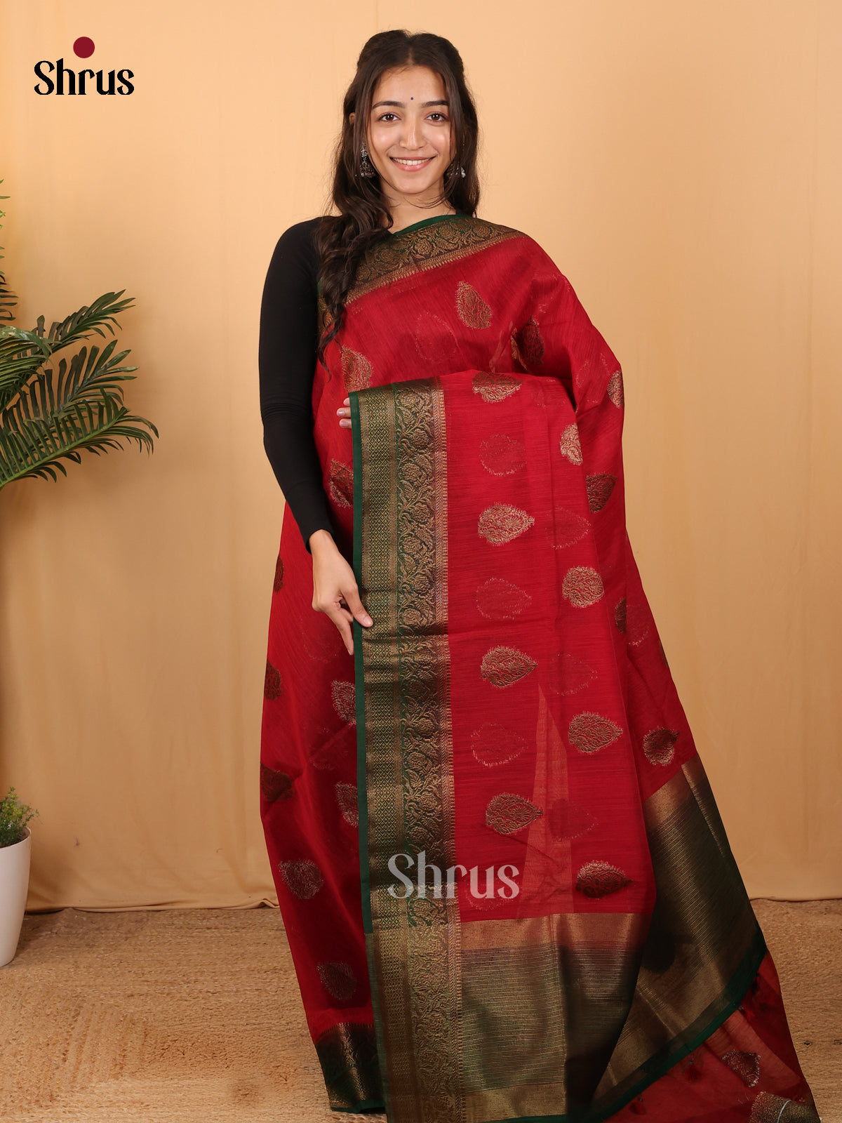 Maroon & Green - Semi Jute Saree - Shop on Shrus.com