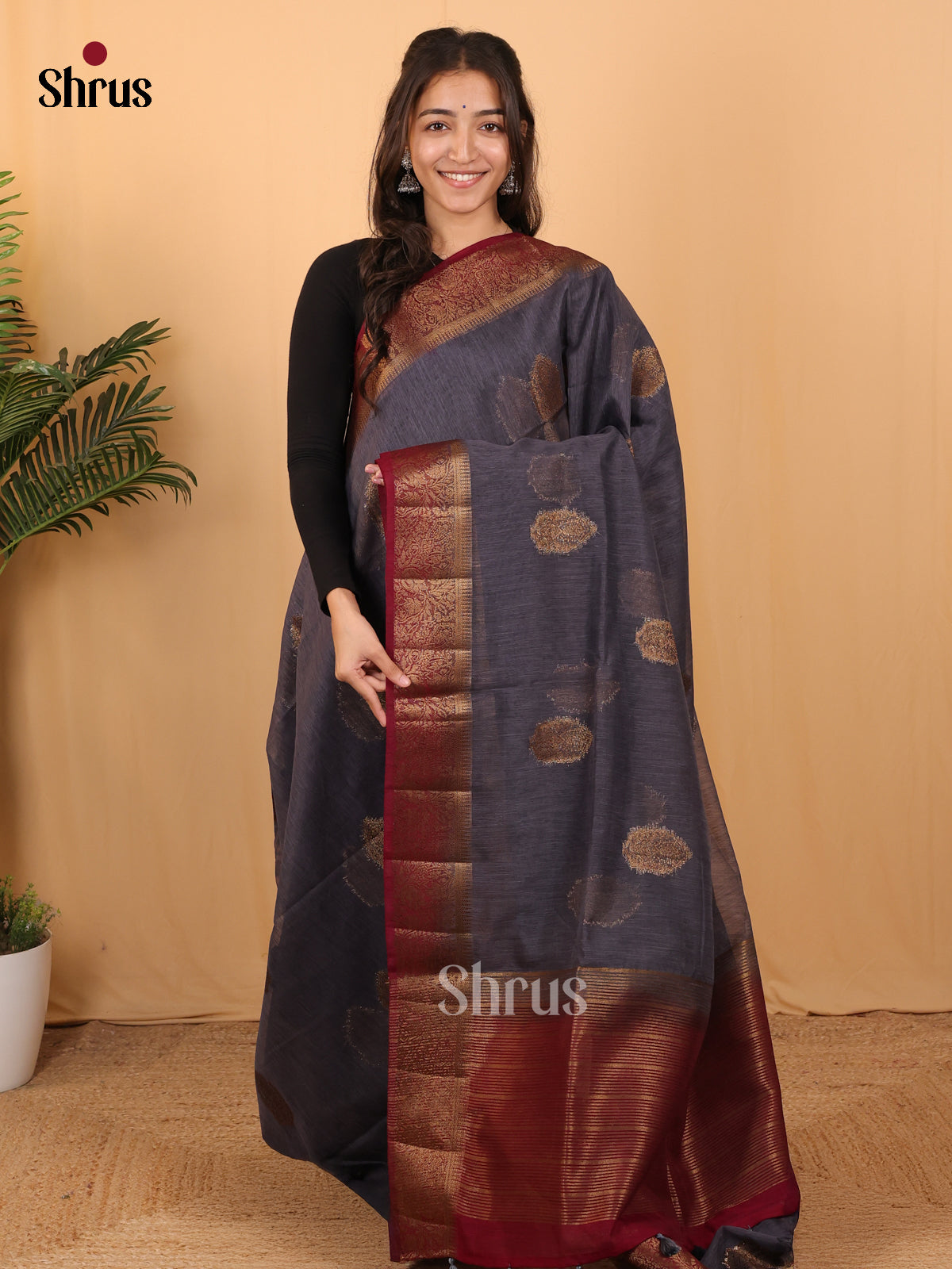 Grey & Maroon - Semi Jute Saree - Shop on Shrus.com