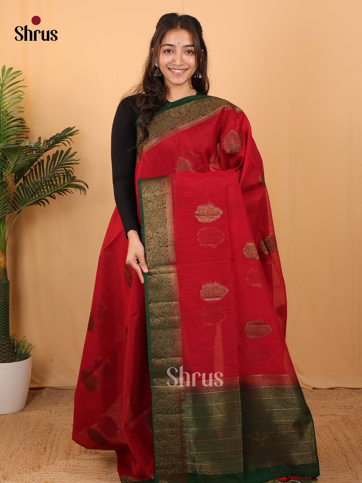Red & Green - Semi Jute Saree - Shop on Shrus.com