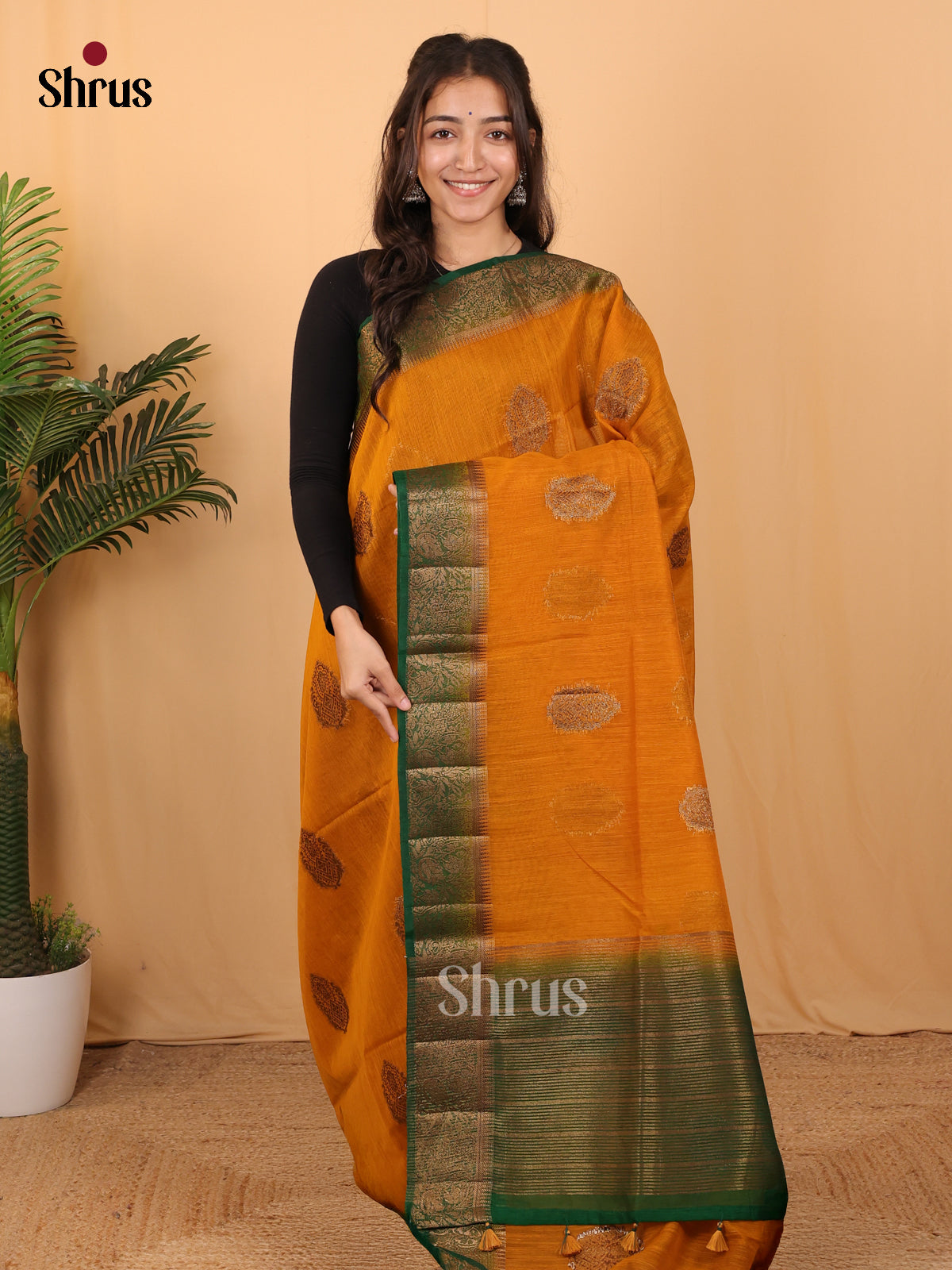Mustard & Green - Semi Jute Saree - Shop on Shrus.com