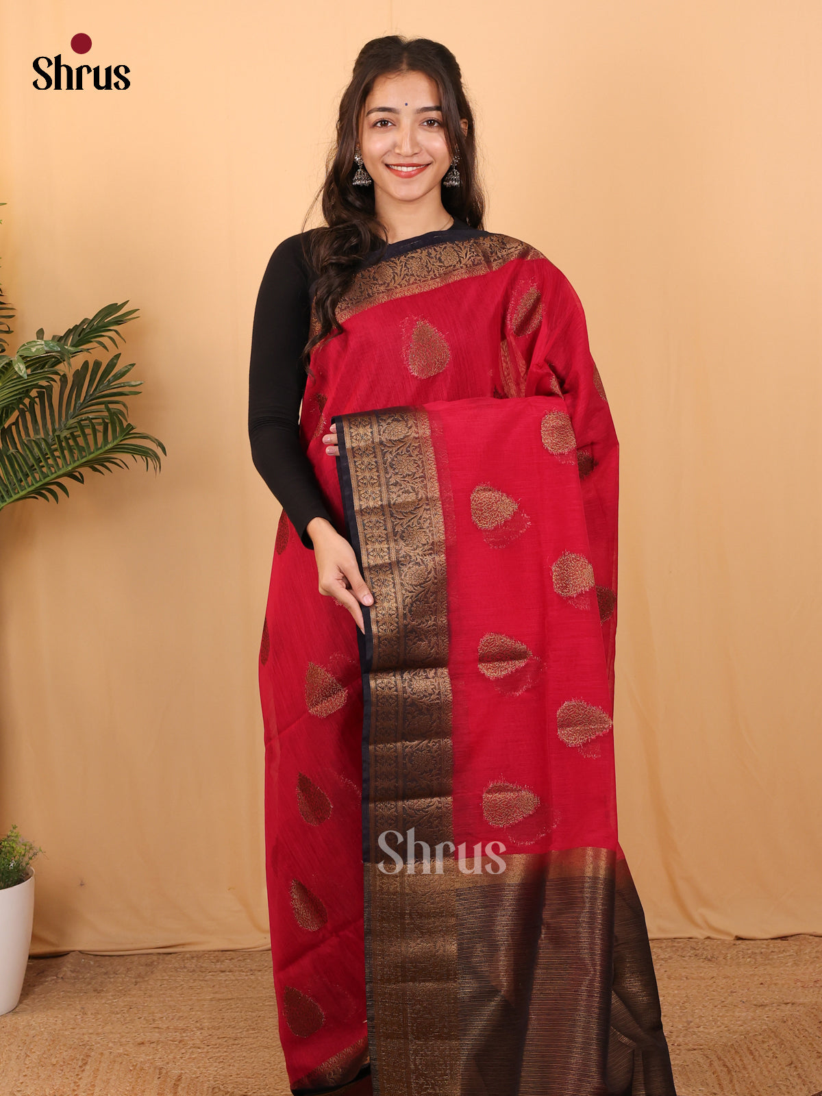 Red - Semi Jute Saree - Shop on Shrus.com
