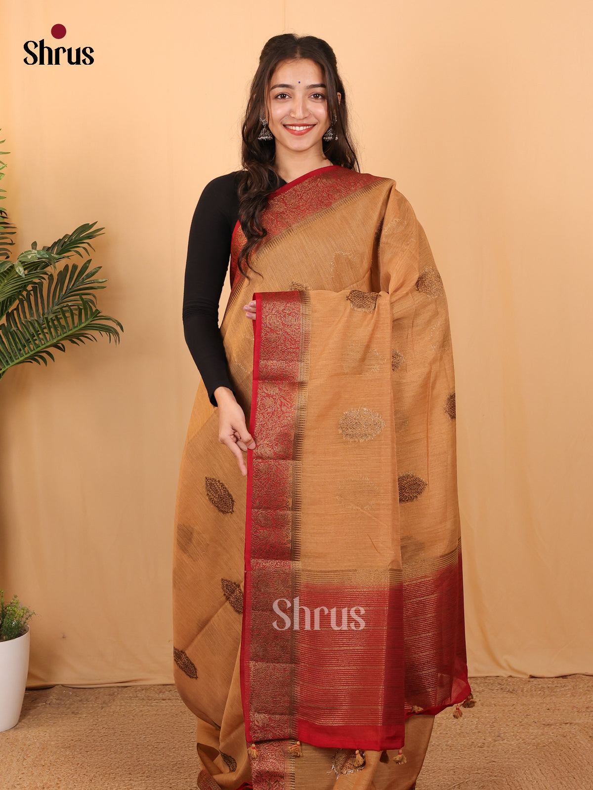 Lite Brown & Maroon - Semi Jute Saree - Shop on Shrus.com