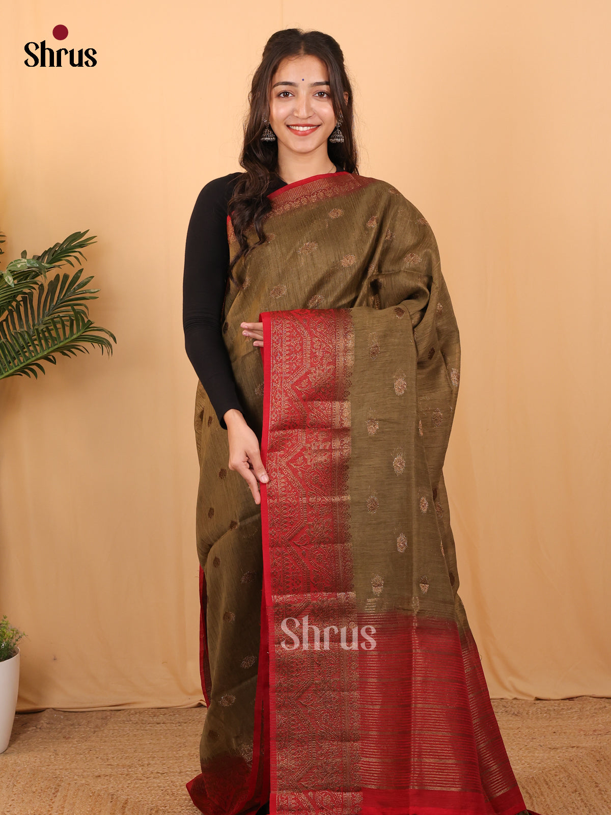 Olive Green & Maroon - Semi Jute Saree - Shop on Shrus.com