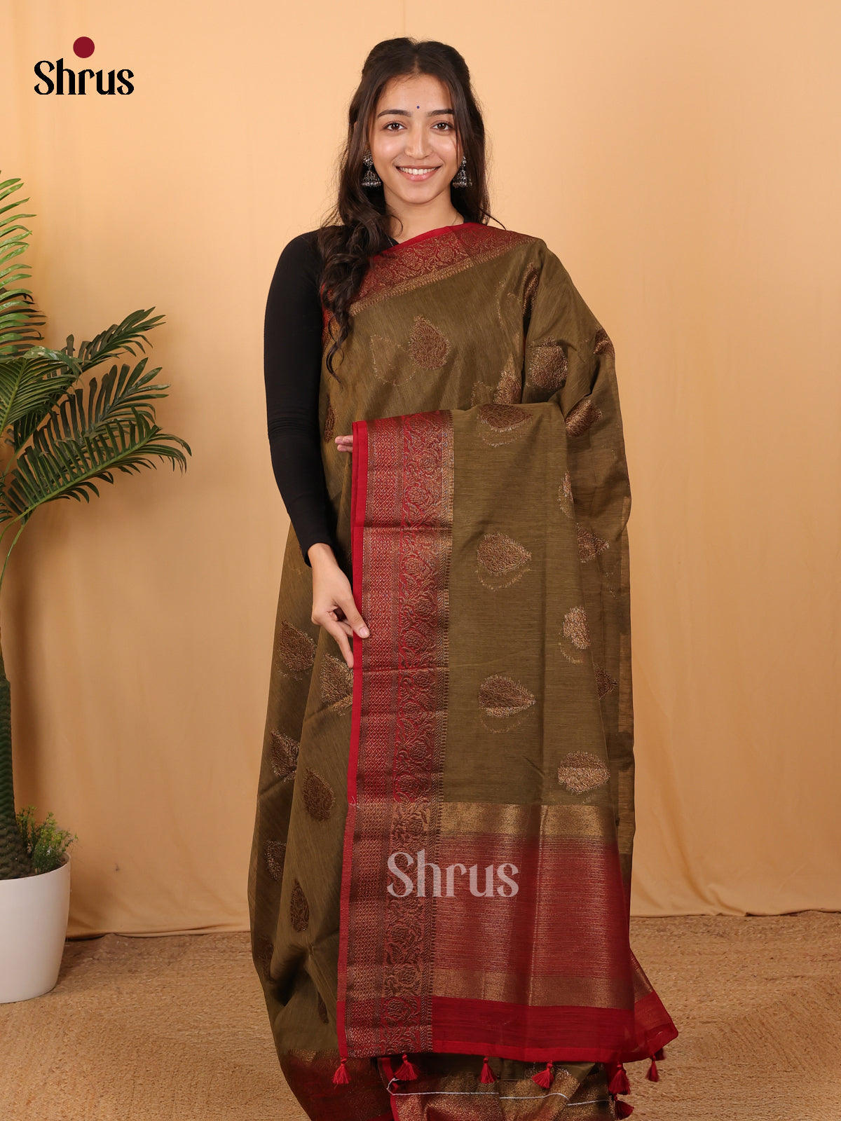 Olive Green & Maroon- Semi Jute Saree - Shop on Shrus.com