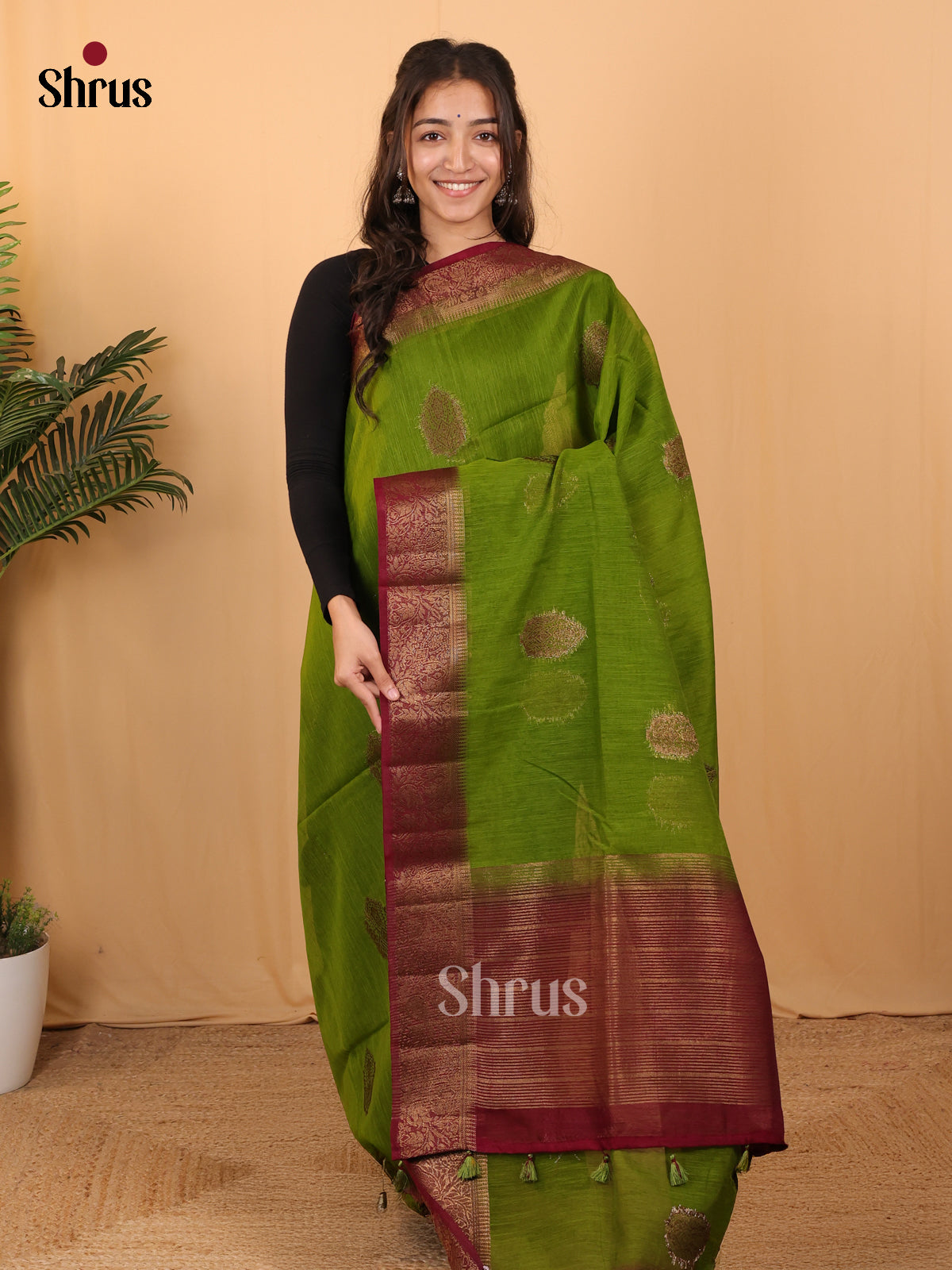 Green & Maroon - Semi Jute Saree - Shop on Shrus.com