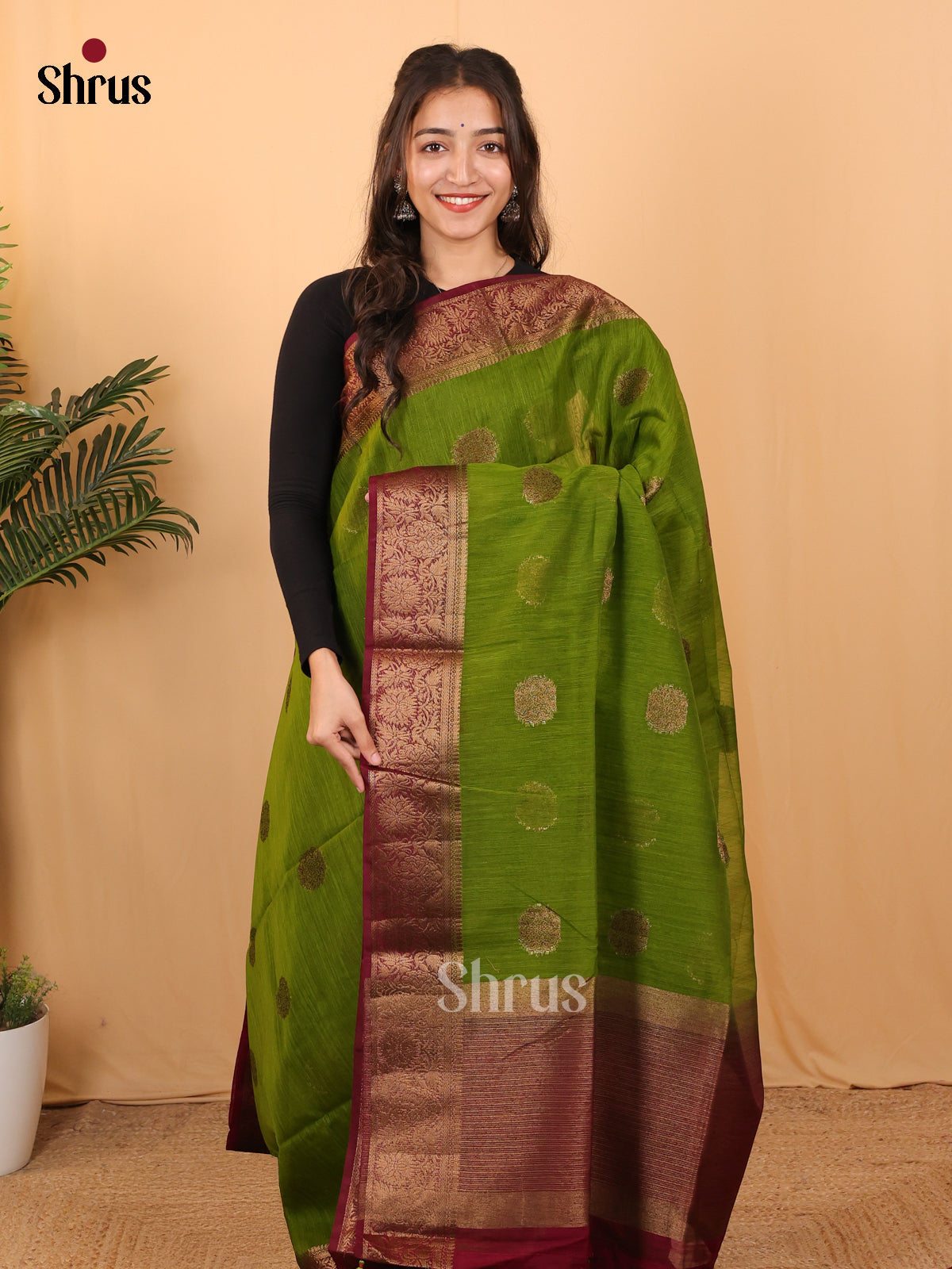 Green & Maroon - Semi Jute Saree - Shop on Shrus.com