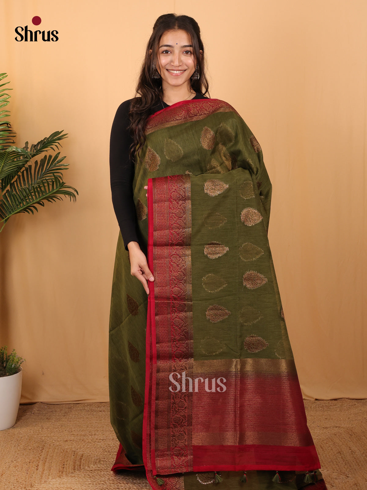 Green & Maroon - Semi Jute Saree - Shop on Shrus.com
