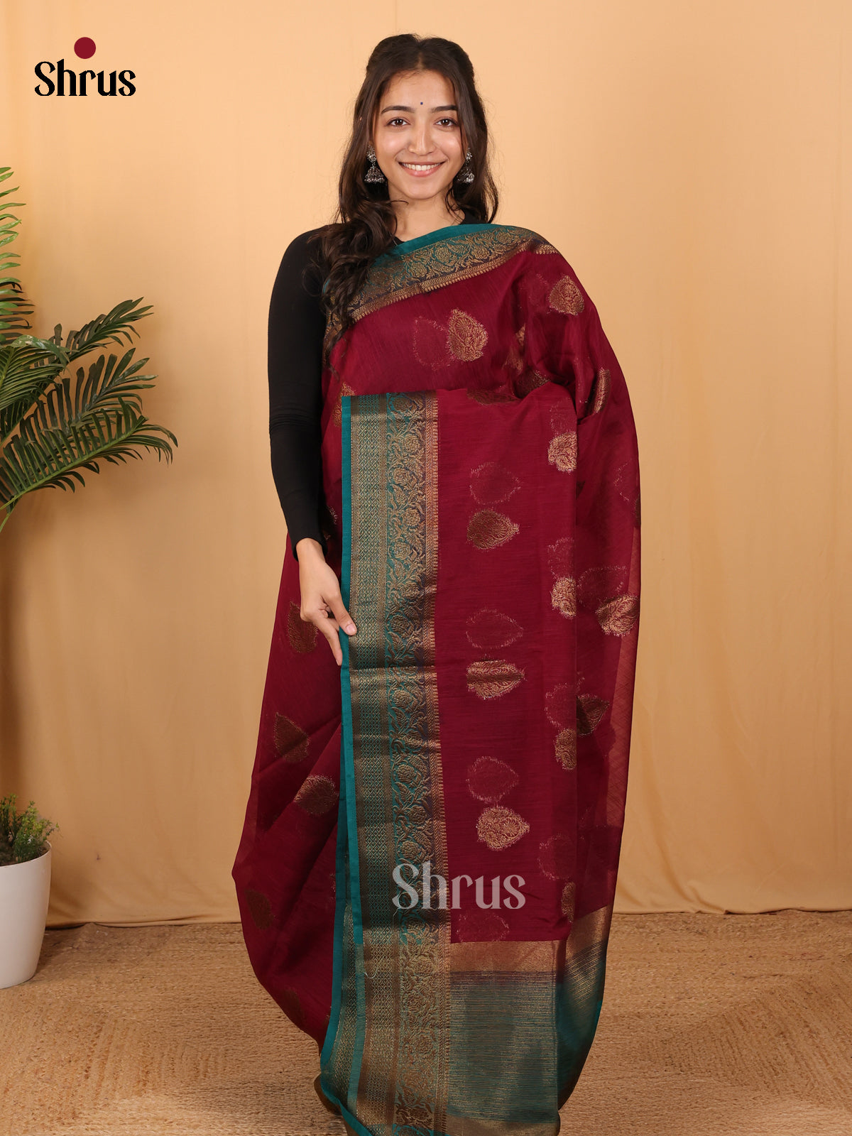 Maroon & Blue - Semi Jute Saree - Shop on Shrus.com