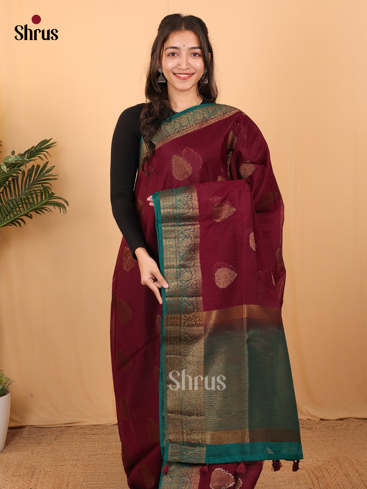 Maroon & Teal - Semi Jute Saree - Shop on Shrus.com