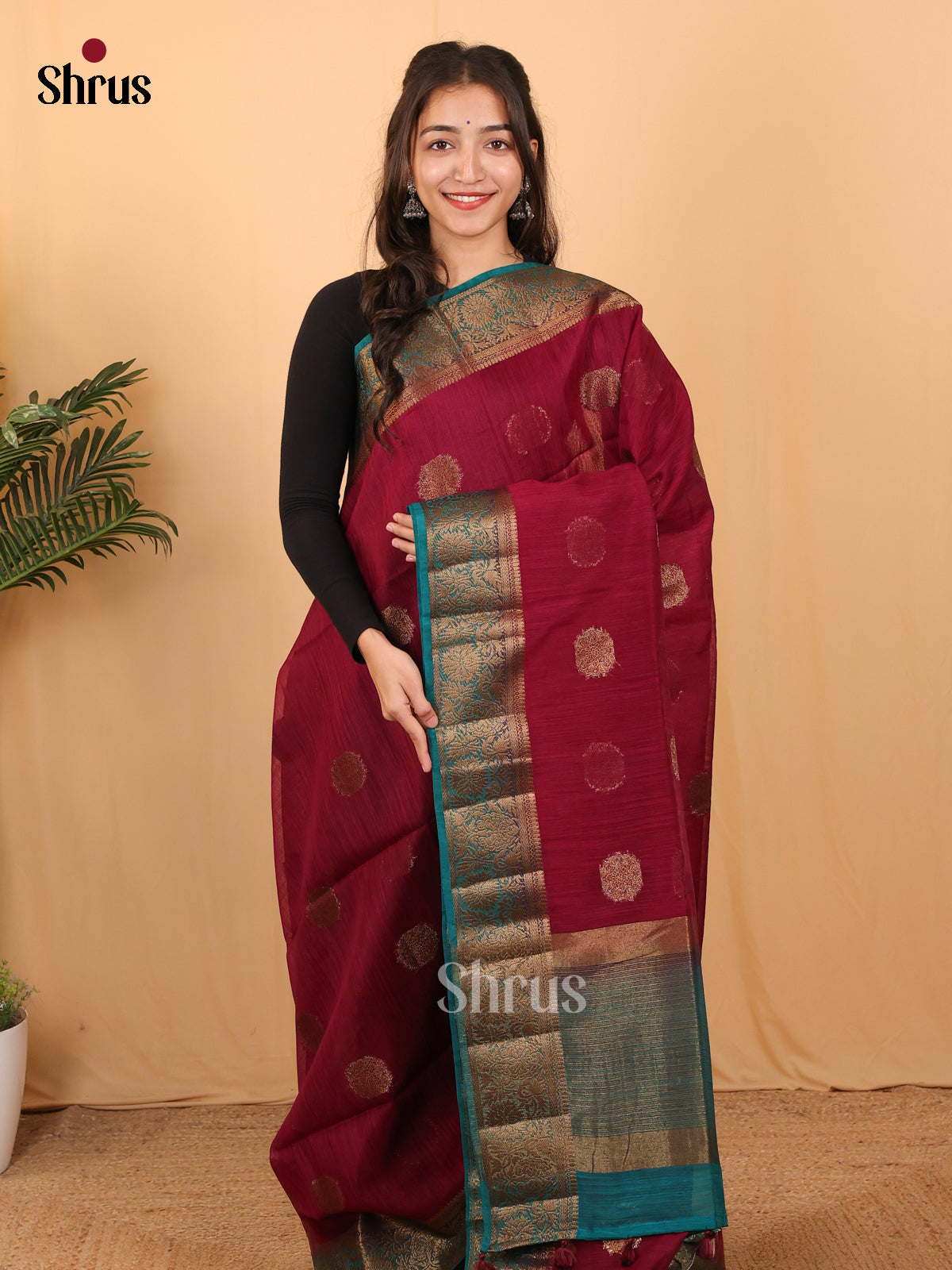 Maroon & Blue - Semi Jute Saree - Shop on Shrus.com