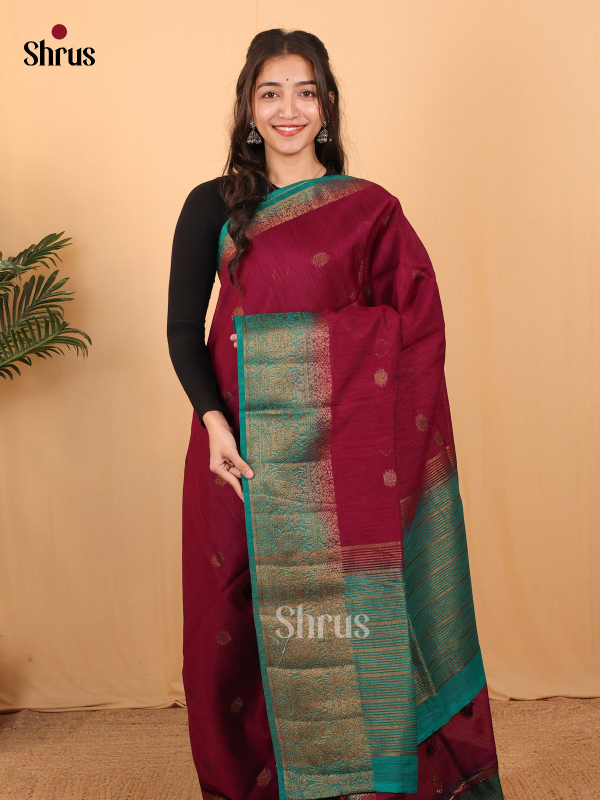 Wine & Teal - Semi Jute Saree - Shop on Shrus.com