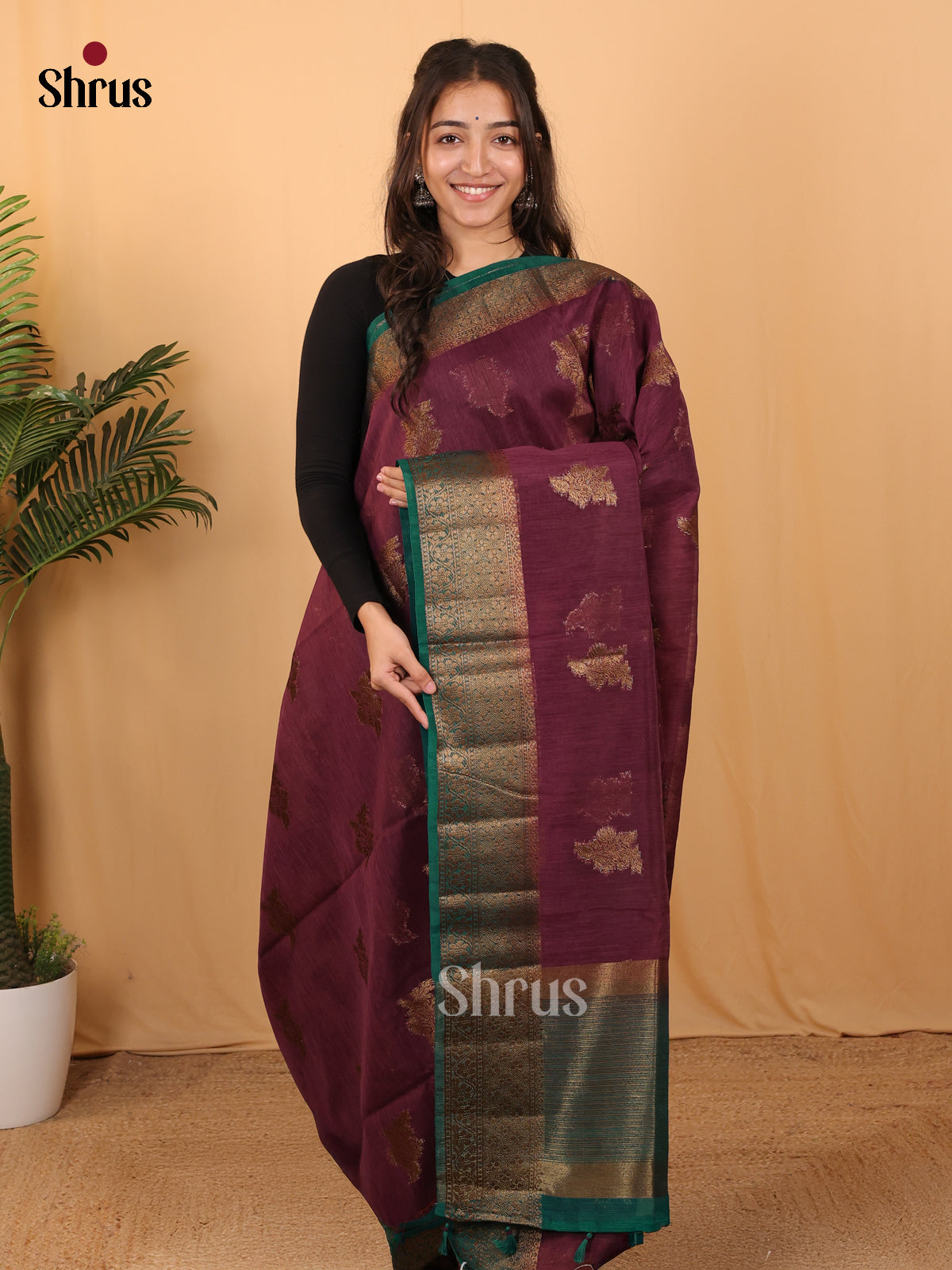 Purple & Green - Semi Jute Saree - Shop on Shrus.com