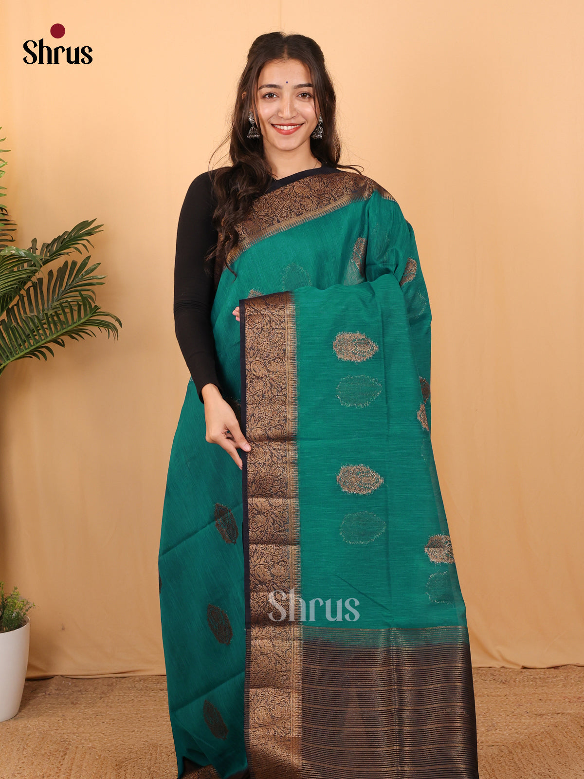 Teal & Blue - Semi Jute Saree - Shop on Shrus.com