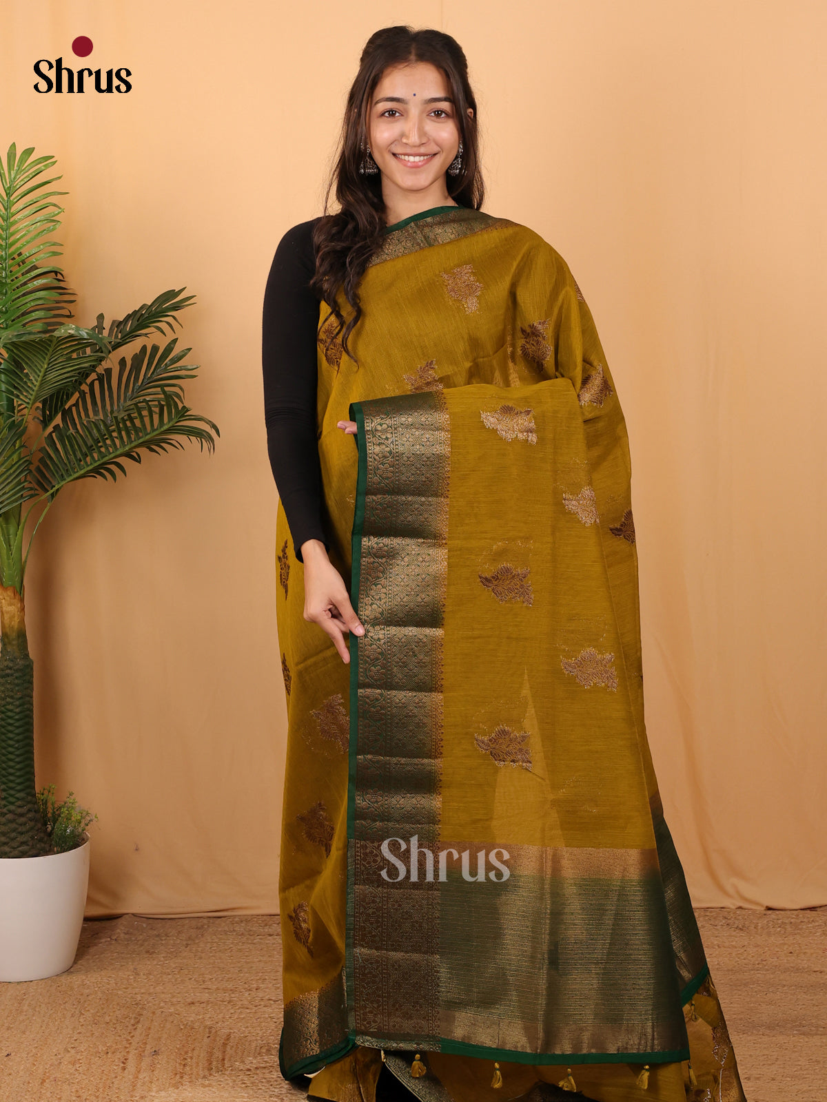 Mehandi & Green - Semi Jute Saree - Shop on Shrus.com