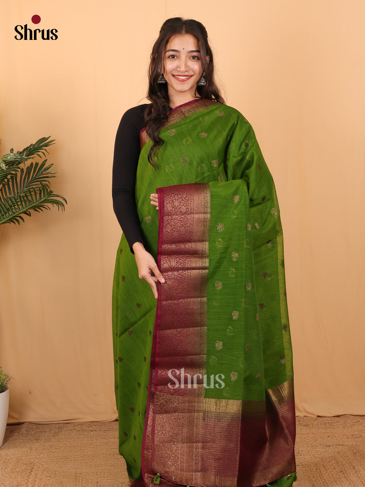 Green & Maroon - Semi Jute Saree - Shop on Shrus.com