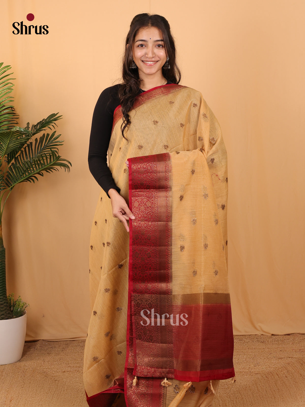 Beige & Maroon - Semi Jute Saree - Shop on Shrus.com