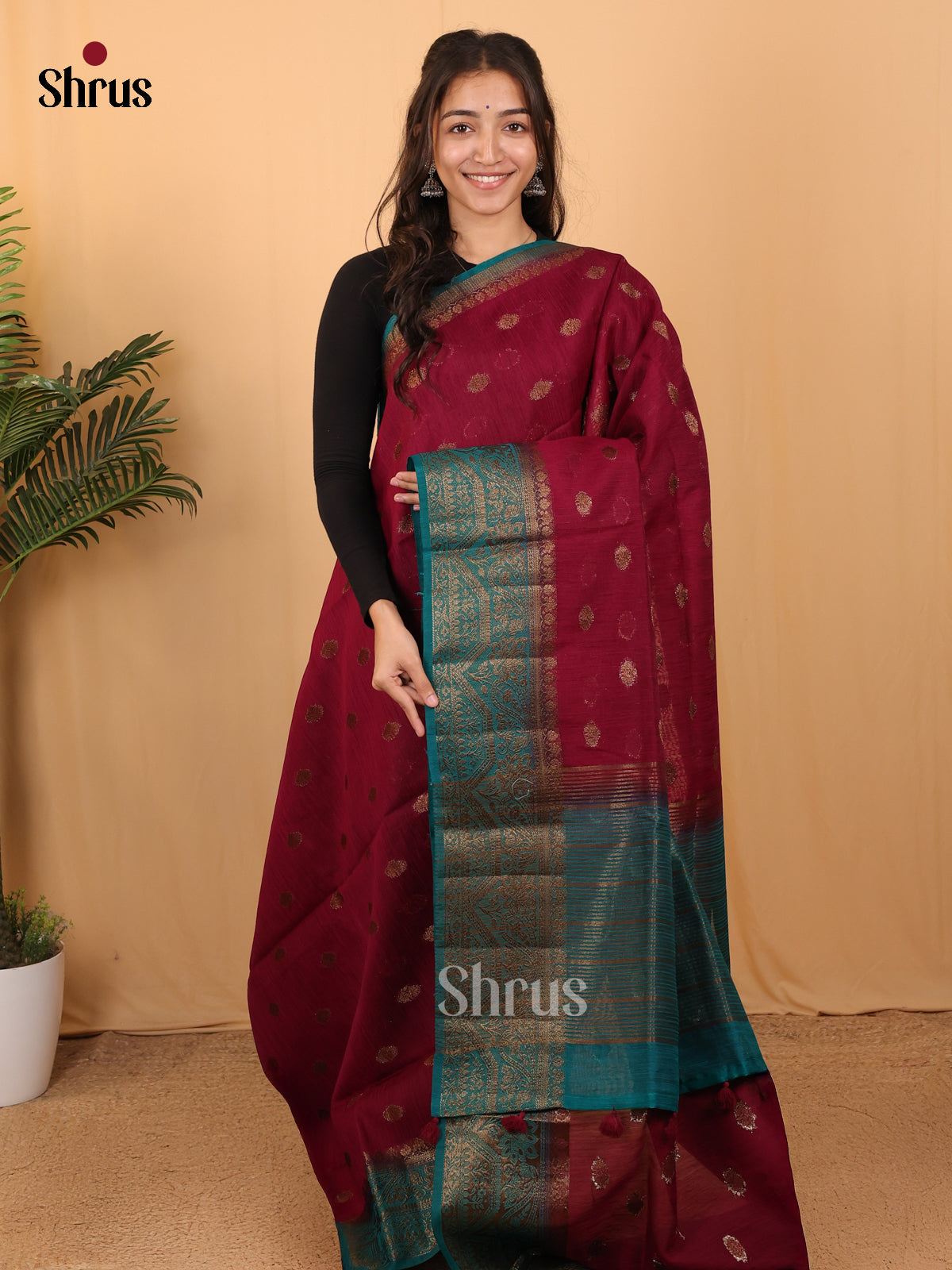 Maroon & Blue- Semi Jute Saree - Shop on Shrus.com