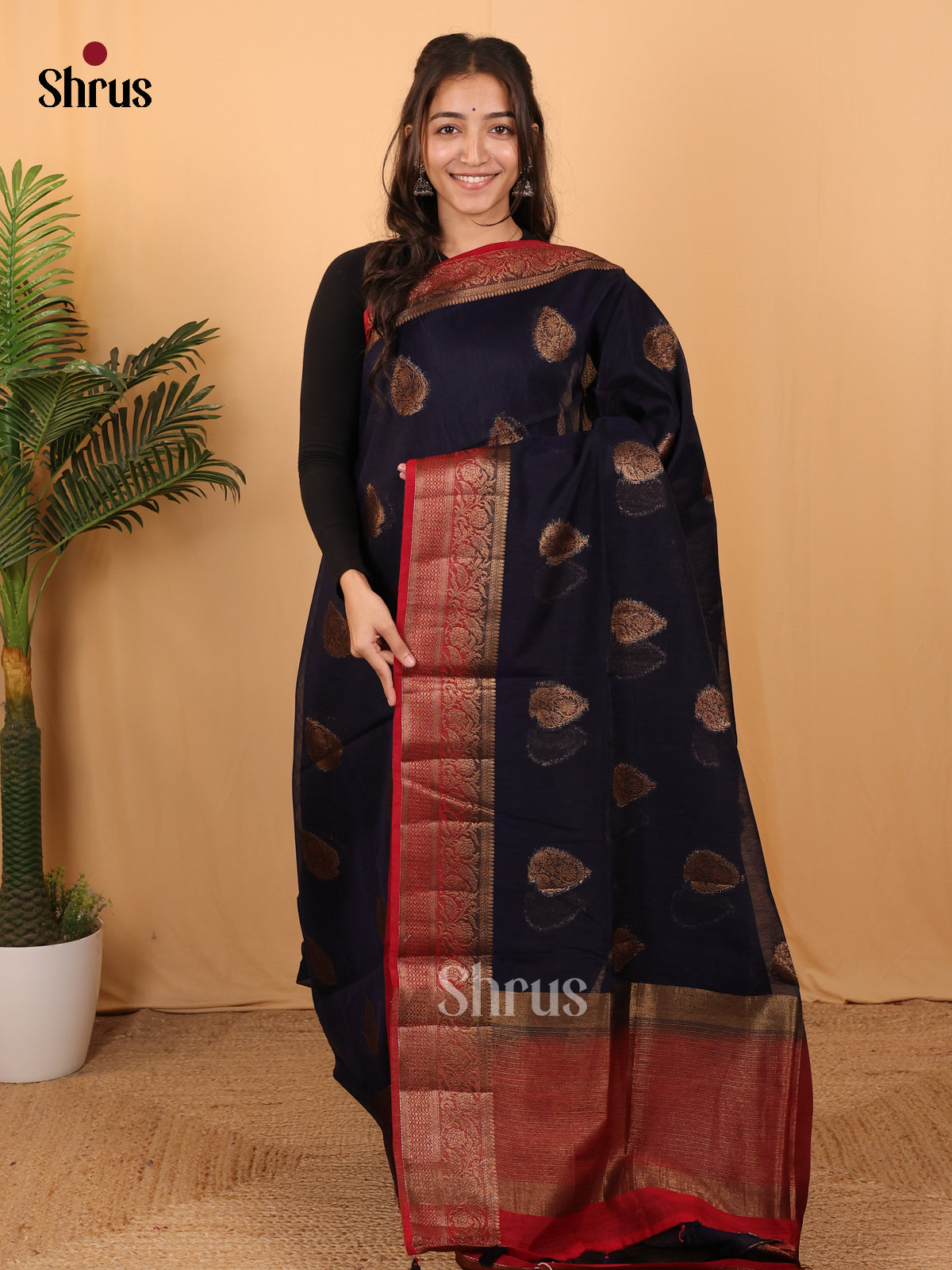 Blue & Red - Semi Jute Saree - Shop on Shrus.com