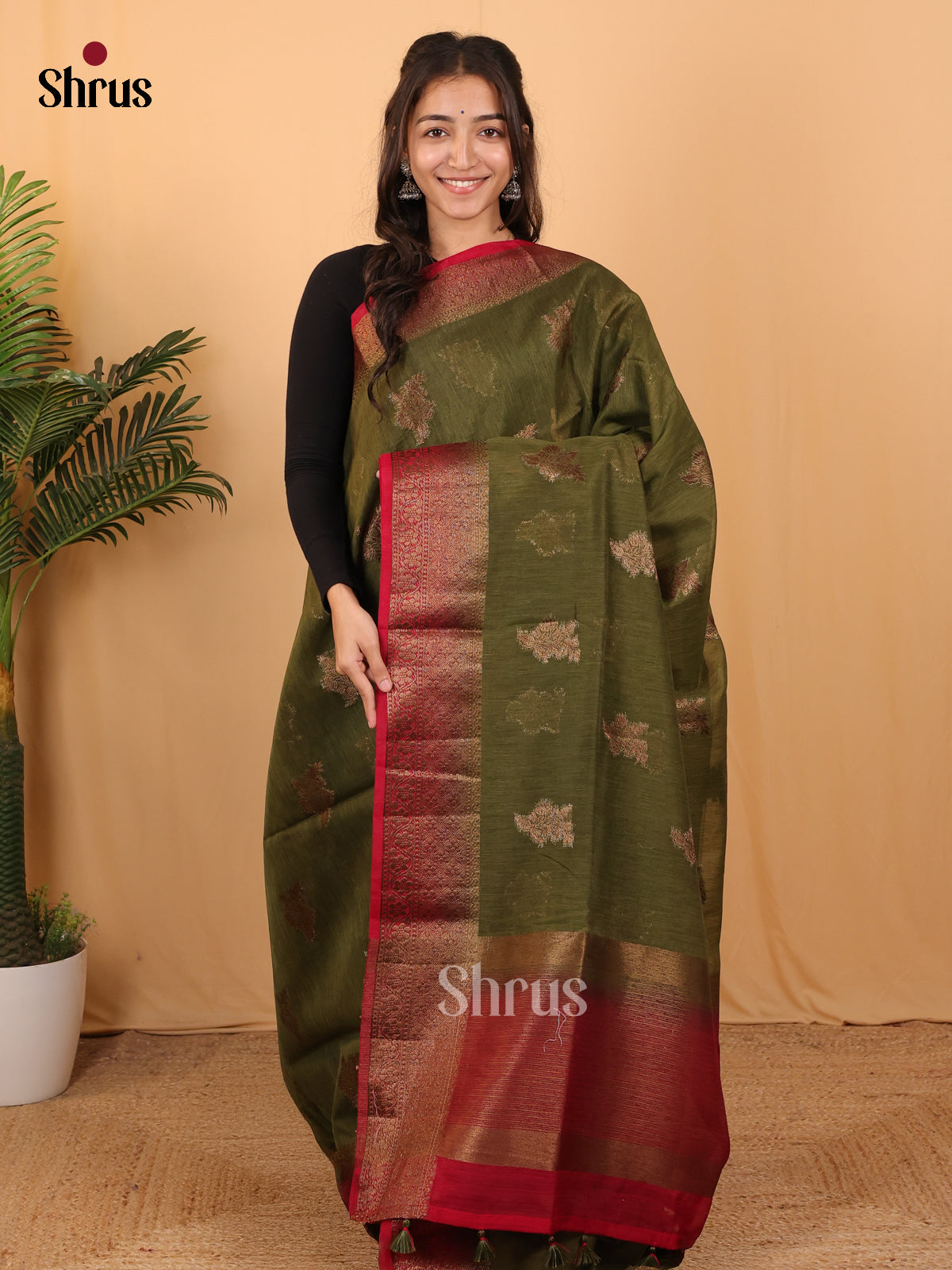 Green & Maroon - Semi Jute Saree - Shop on Shrus.com