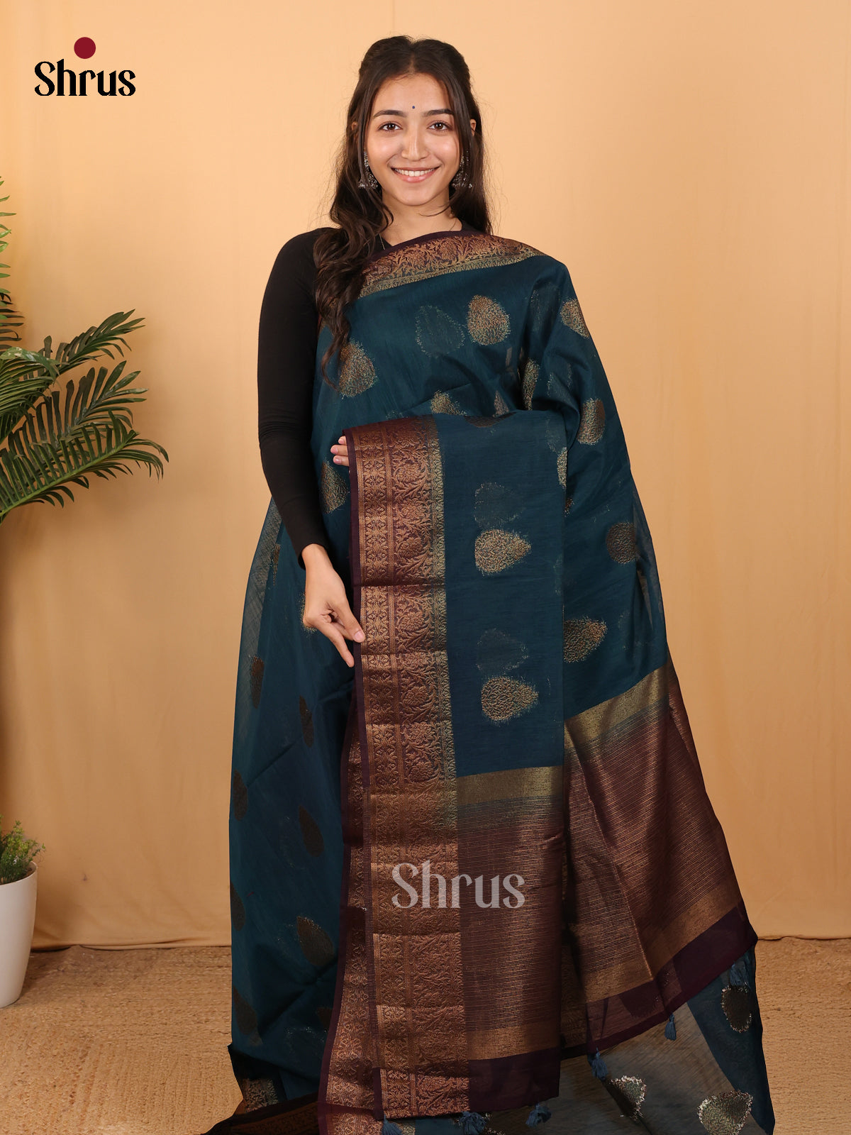 Blue & Brown - Semi Jute Saree - Shop on Shrus.com