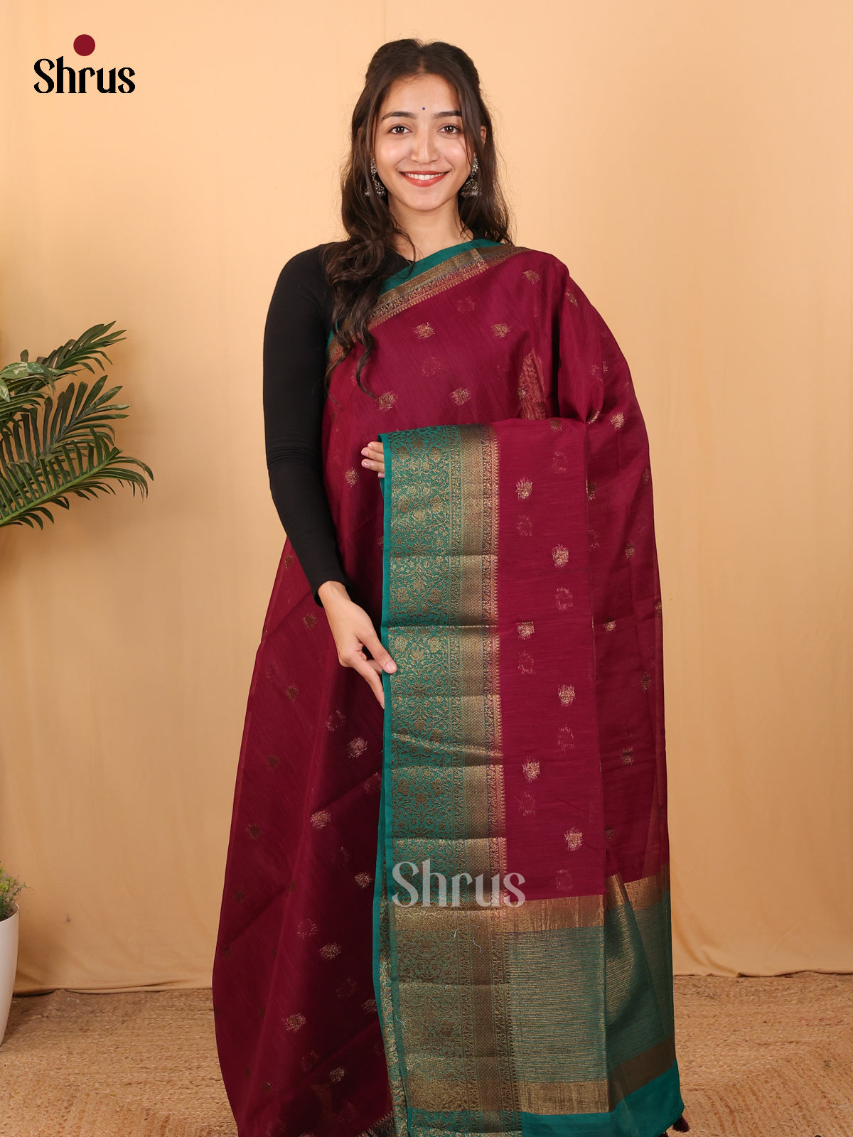 Maroon & Teal Blue- Semi Jute Saree - Shop on Shrus.com