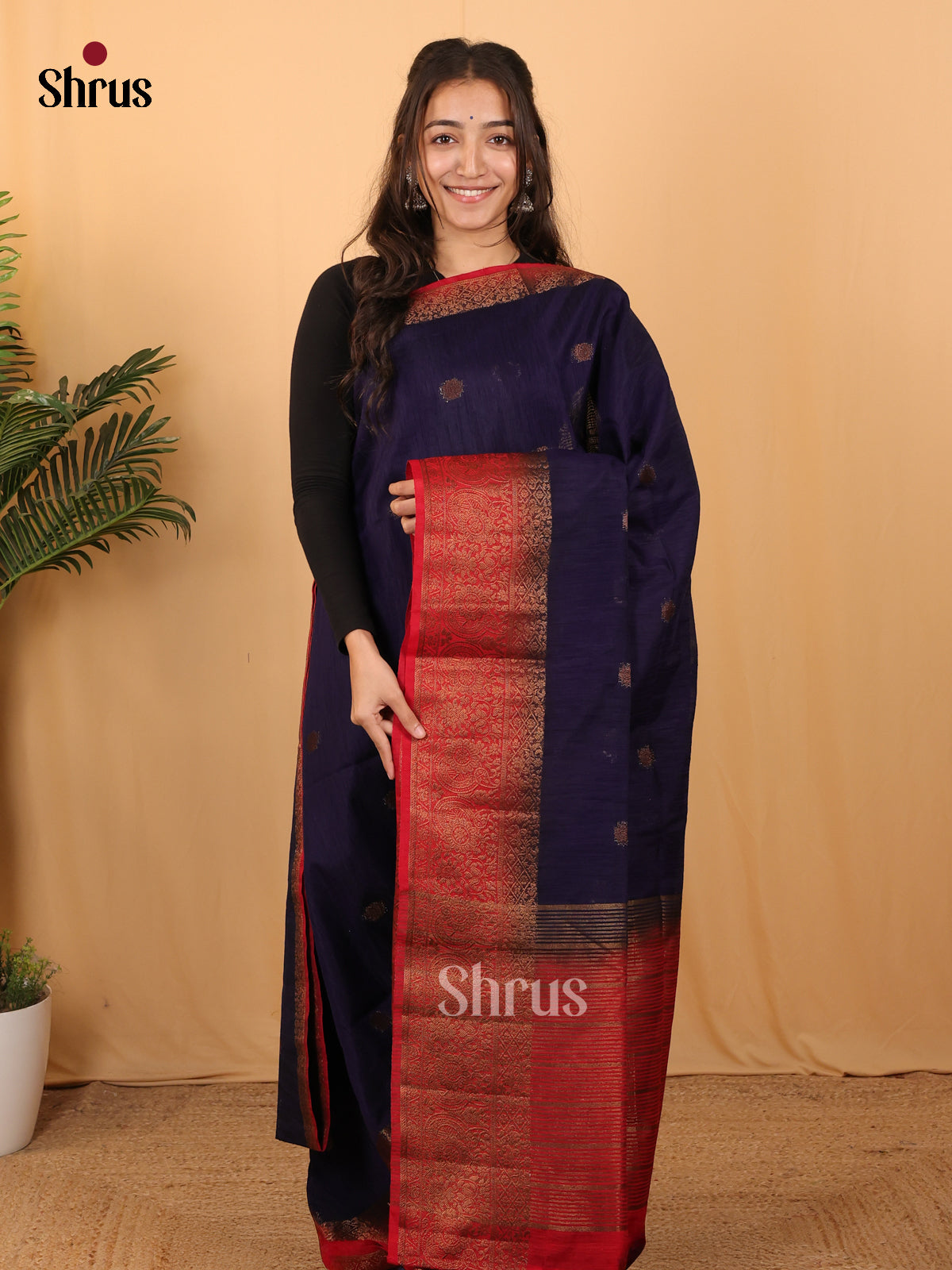 Blue & Red - Semi Jute Saree - Shop on Shrus.com