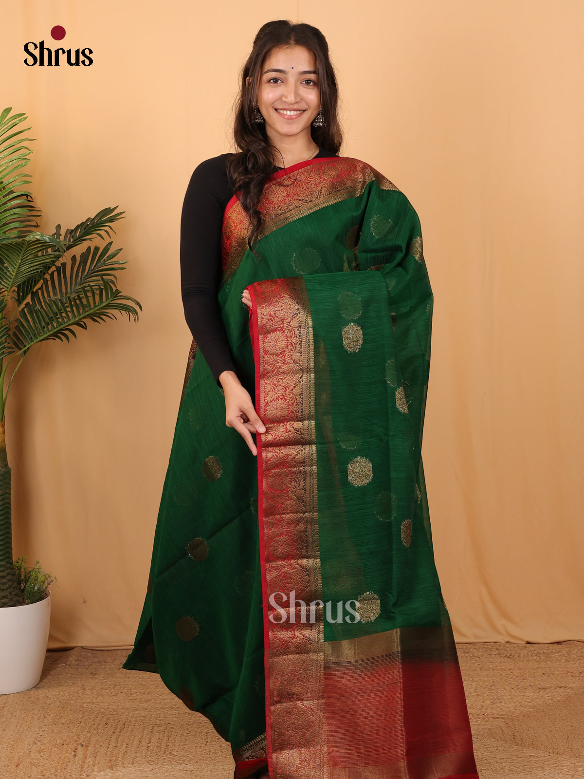 Green & Red - Semi Jute Saree - Shop on Shrus.com