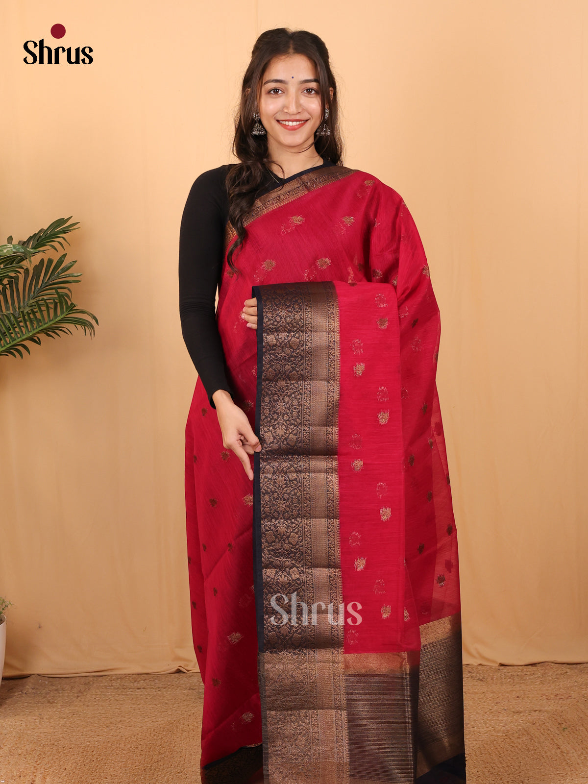 Red - Semi Jute Saree - Shop on Shrus.com