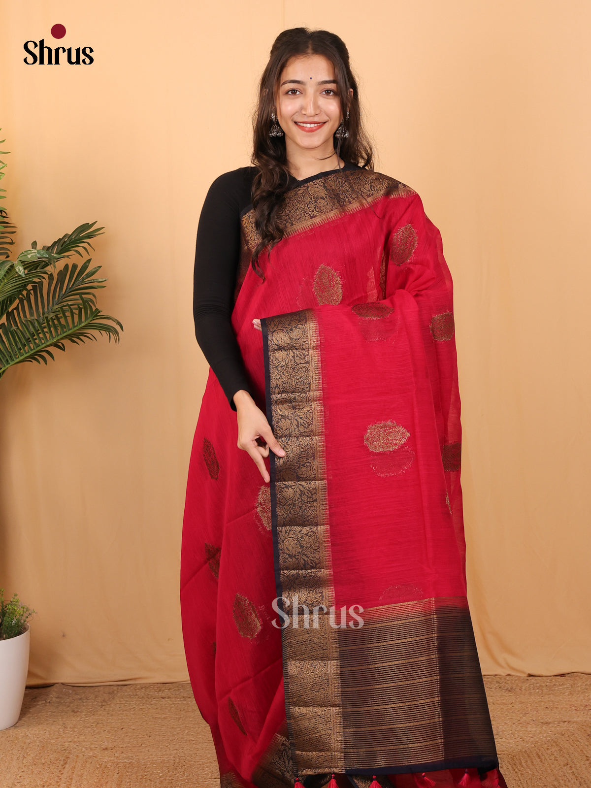 Red & Blue - Semi Jute Saree - Shop on Shrus.com