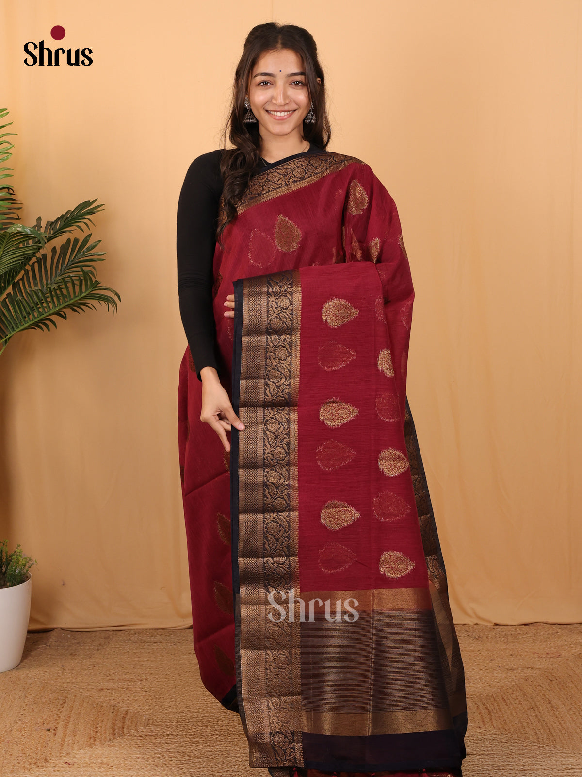 Maroon & Blue- Semi Jute Saree - Shop on Shrus.com