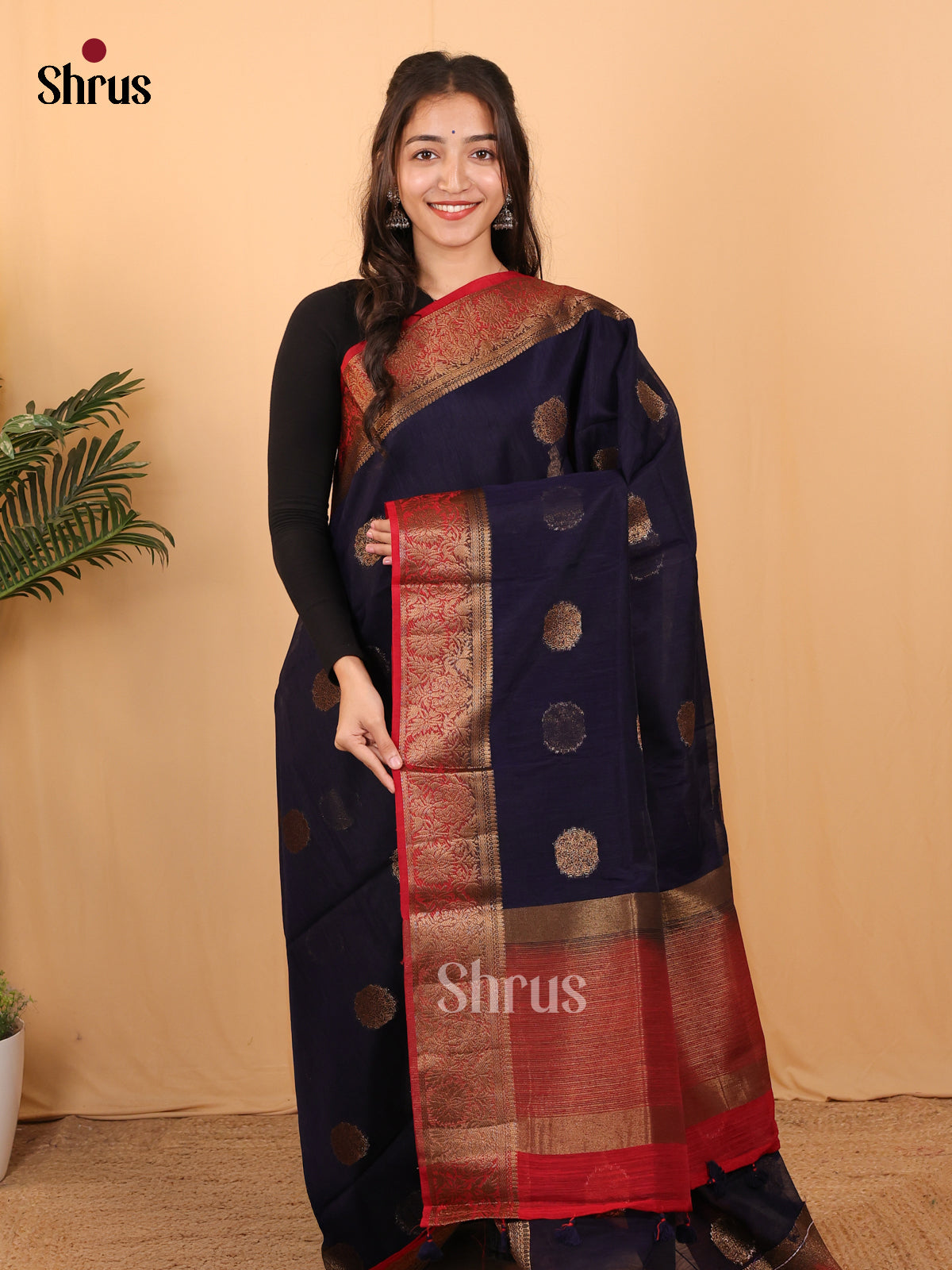Blue & Red - Semi Jute Saree - Shop on Shrus.com