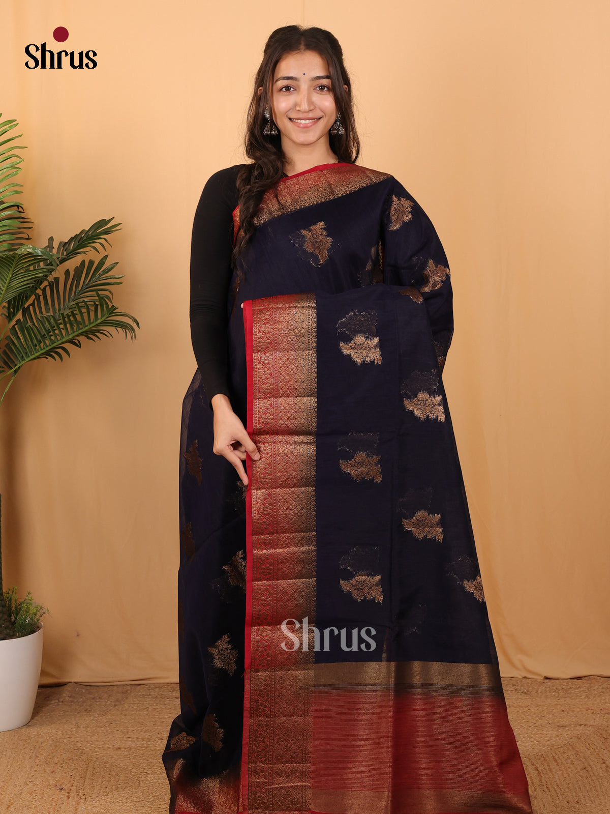 Blue & Red - Semi Jute Saree - Shop on Shrus.com