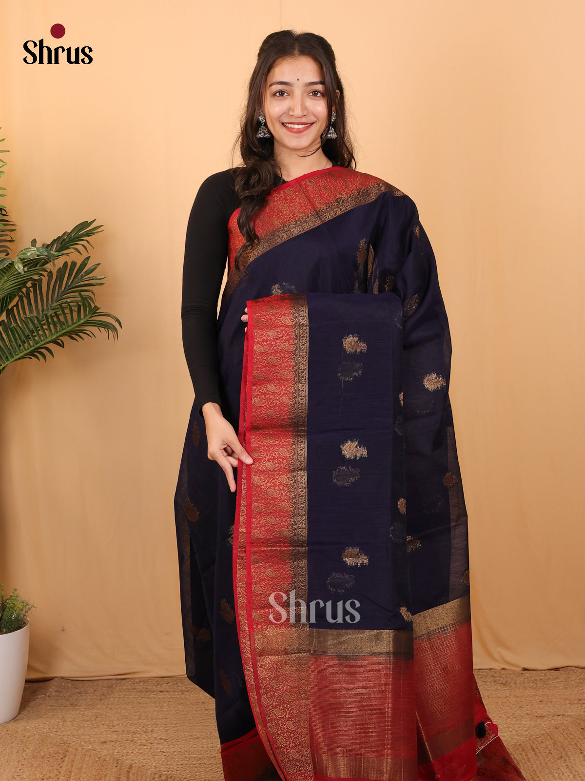 Blue & Red - Semi Jute Saree - Shop on Shrus.com