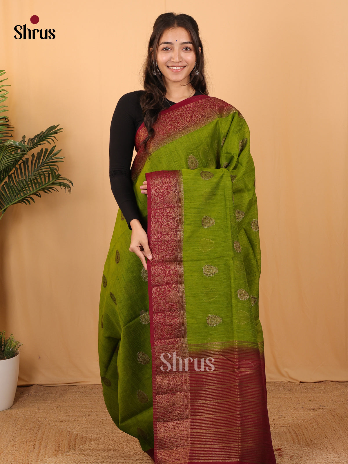 Green & Maroon - Semi Jute Saree - Shop on Shrus.com