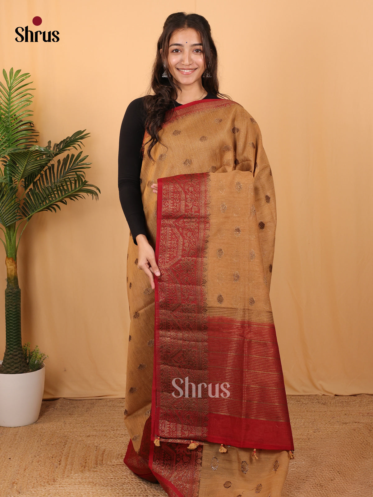 Beige & Maroon - Semi Jute Saree - Shop on Shrus.com