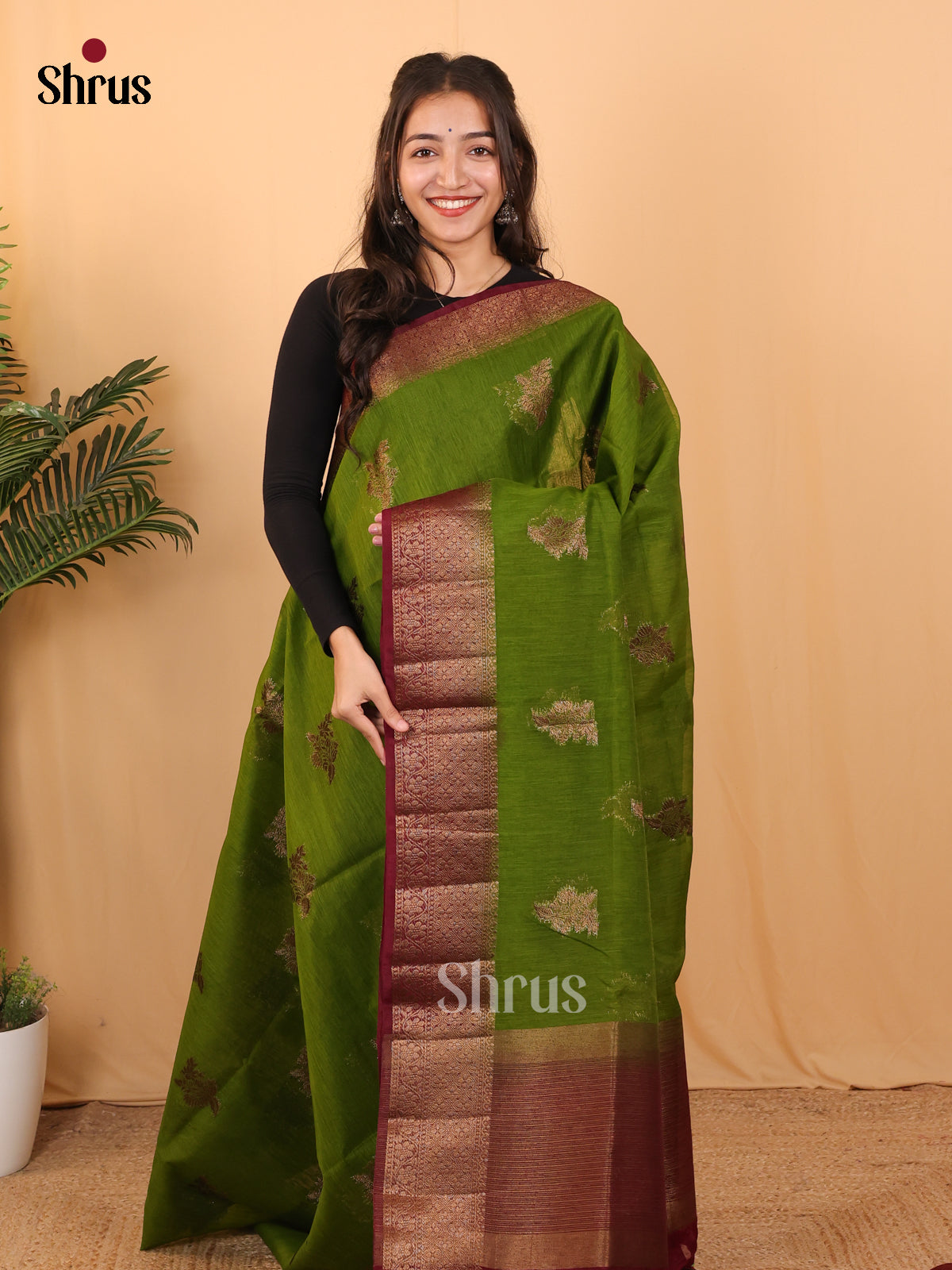 Green & Maroon - Semi Jute Saree - Shop on Shrus.com