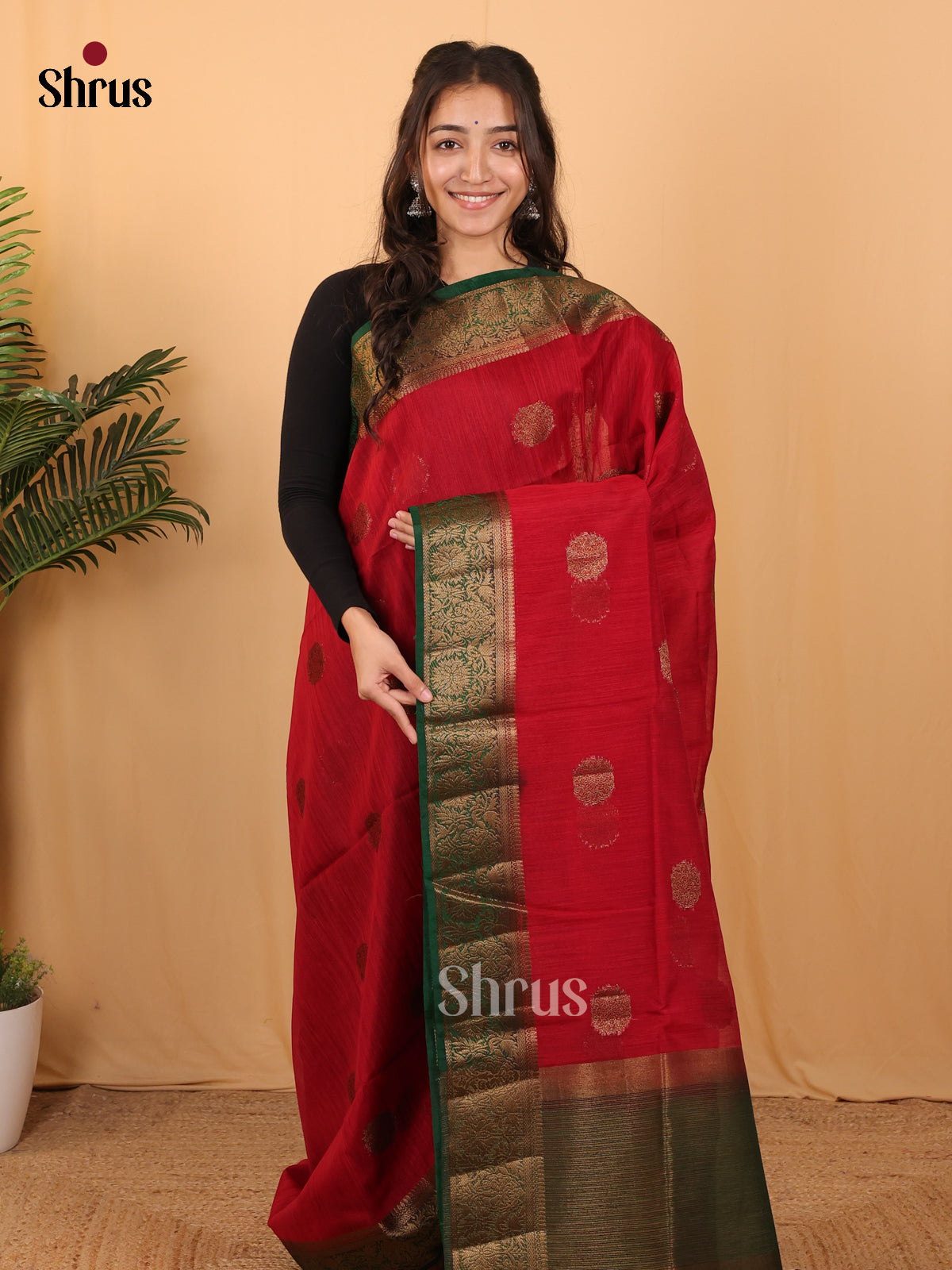 Red& Green - Semi Jute Saree - Shop on Shrus.com