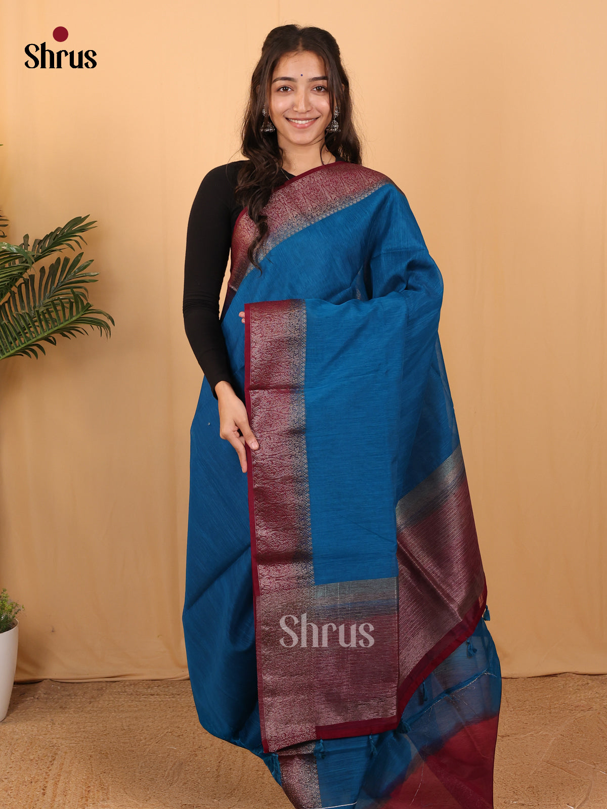 Blue & Maroon - Semi Jute Saree - Shop on Shrus.com