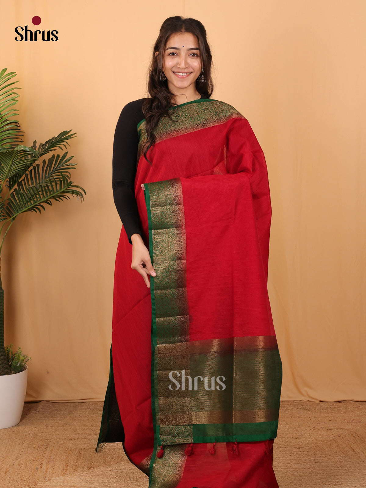 Red & Green - Semi Jute Saree - Shop on Shrus.com