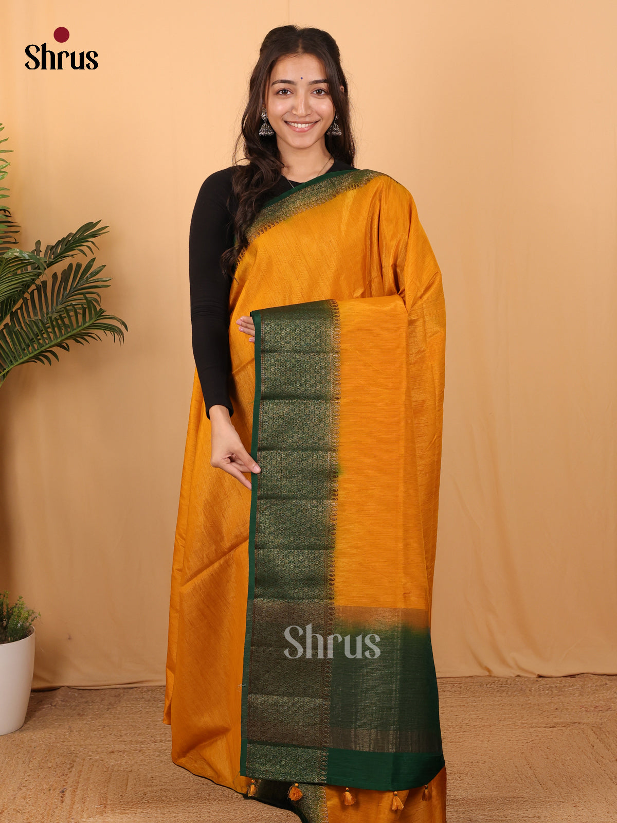 Orange & Green - Semi Jute Saree - Shop on Shrus.com