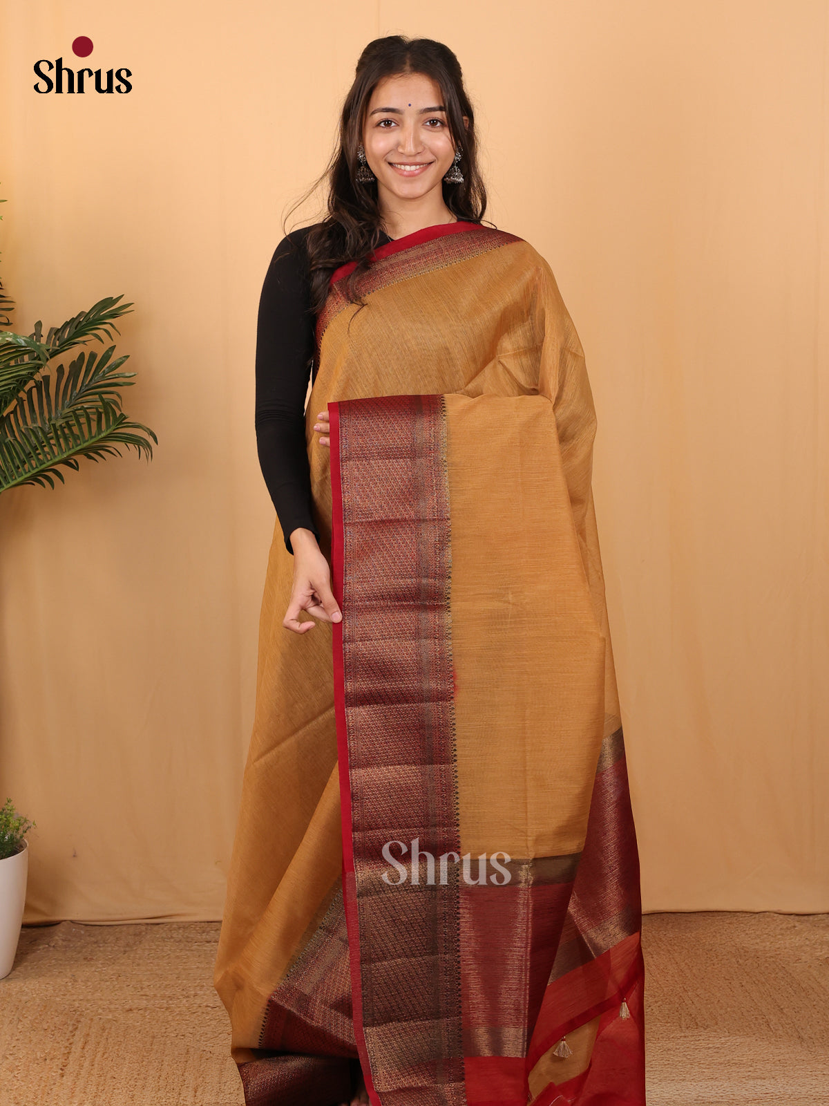 Beige & Maroon - Semi Jute Saree - Shop on Shrus.com