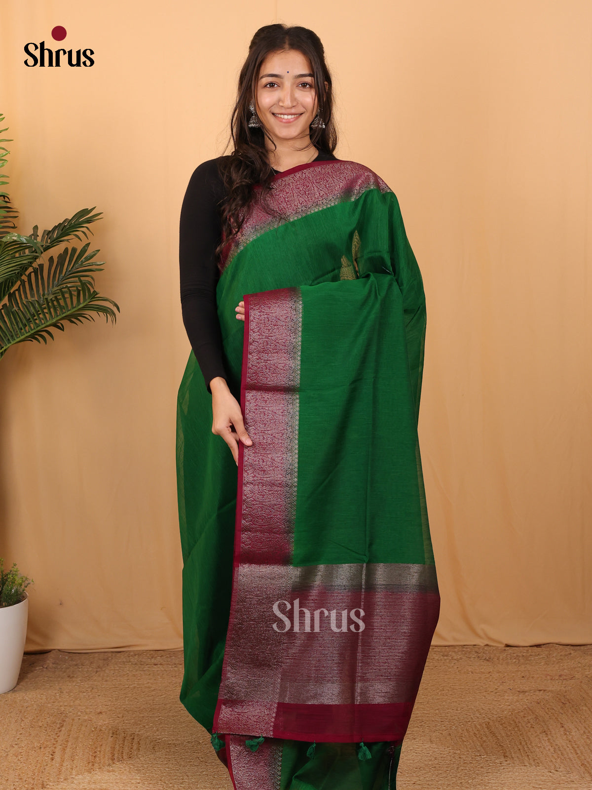 Green & Maroon - Semi Jute Saree - Shop on Shrus.com
