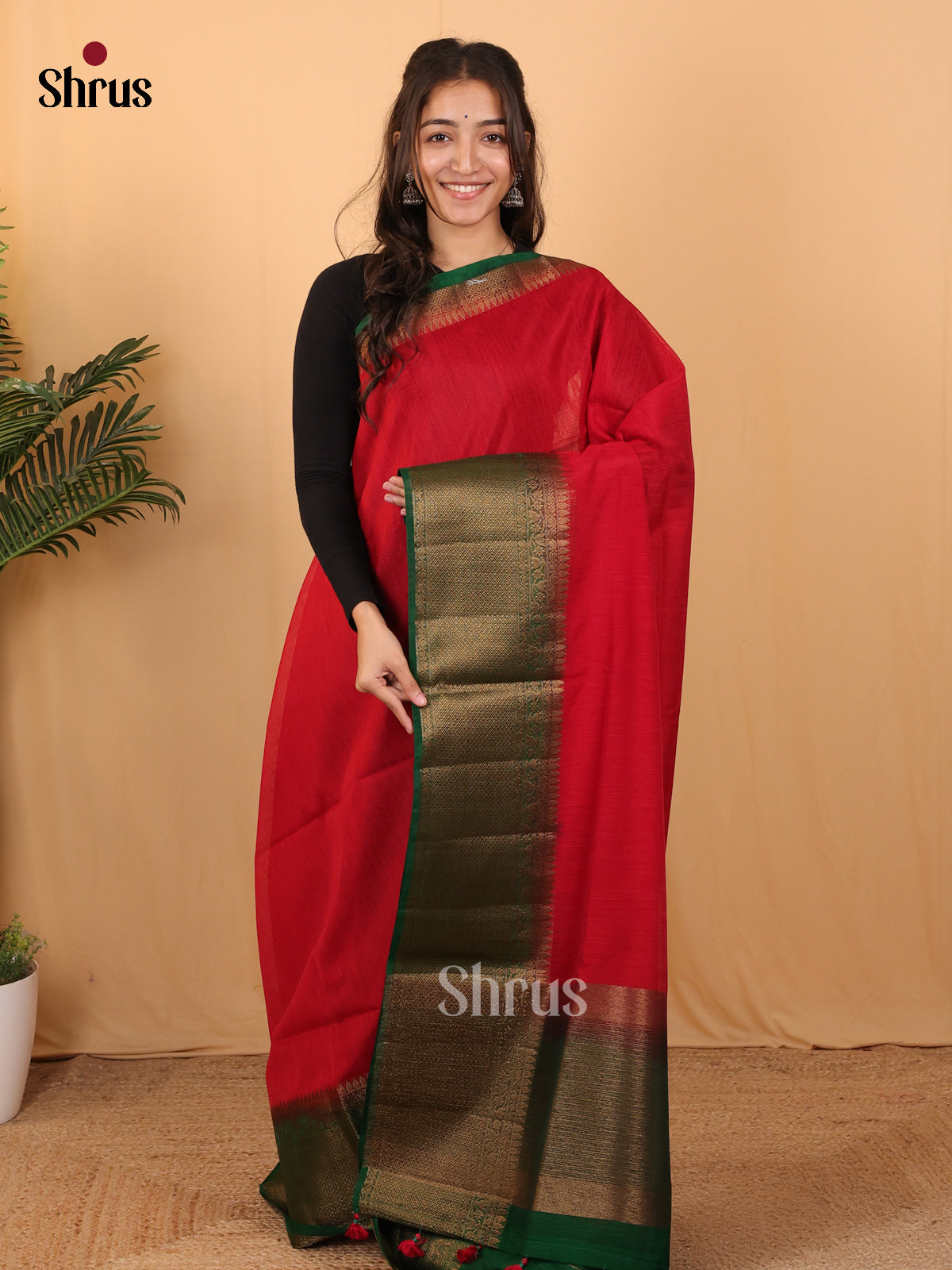 Red & Green - Semi Jute Saree - Shop on Shrus.com