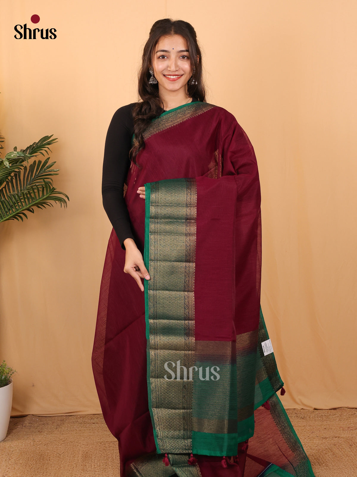 Maroon & Green - Semi Jute Saree - Shop on Shrus.com