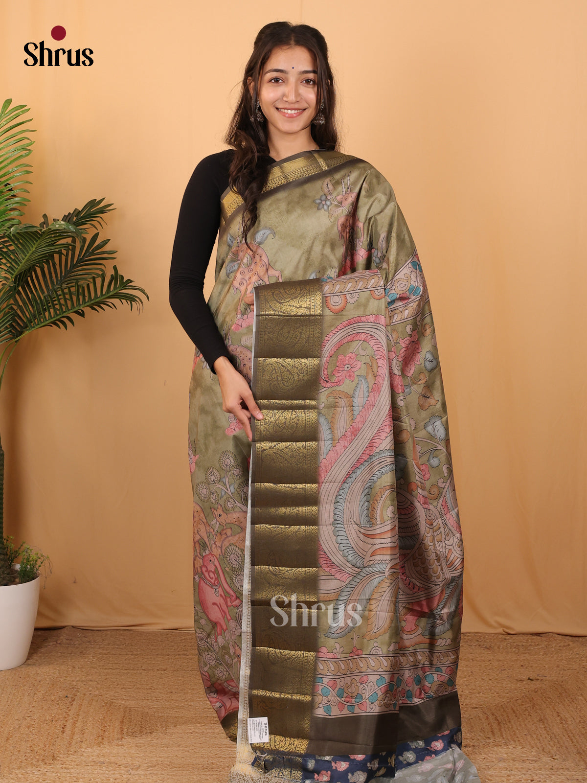 Mint Green & Black - Chennur-Print Saree - Shop on Shrus.com