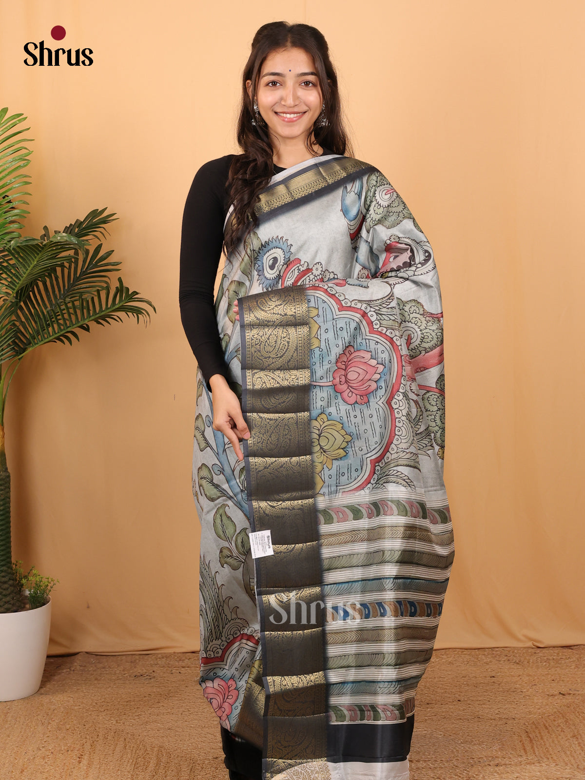 Grey - Chennur-Print Saree - Shop on Shrus.com