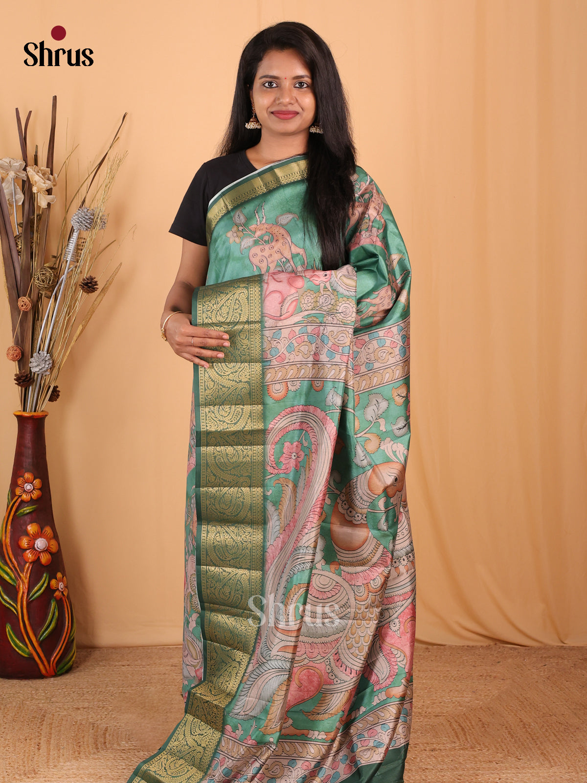 Green - Chennur-Print Saree - Shop on Shrus.com