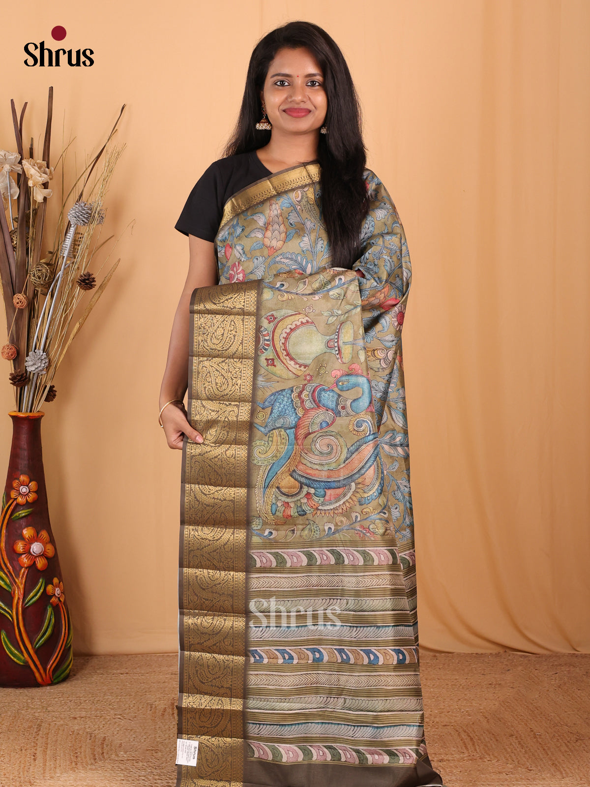 Pastel Green- Chennur-Print Saree - Shop on Shrus.com