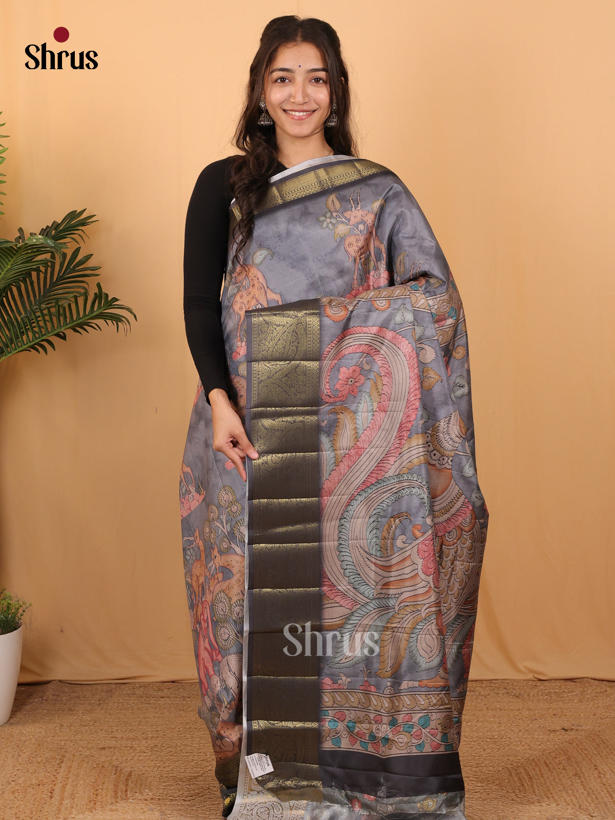Grey - Chennur-Print Saree - Shop on Shrus.com