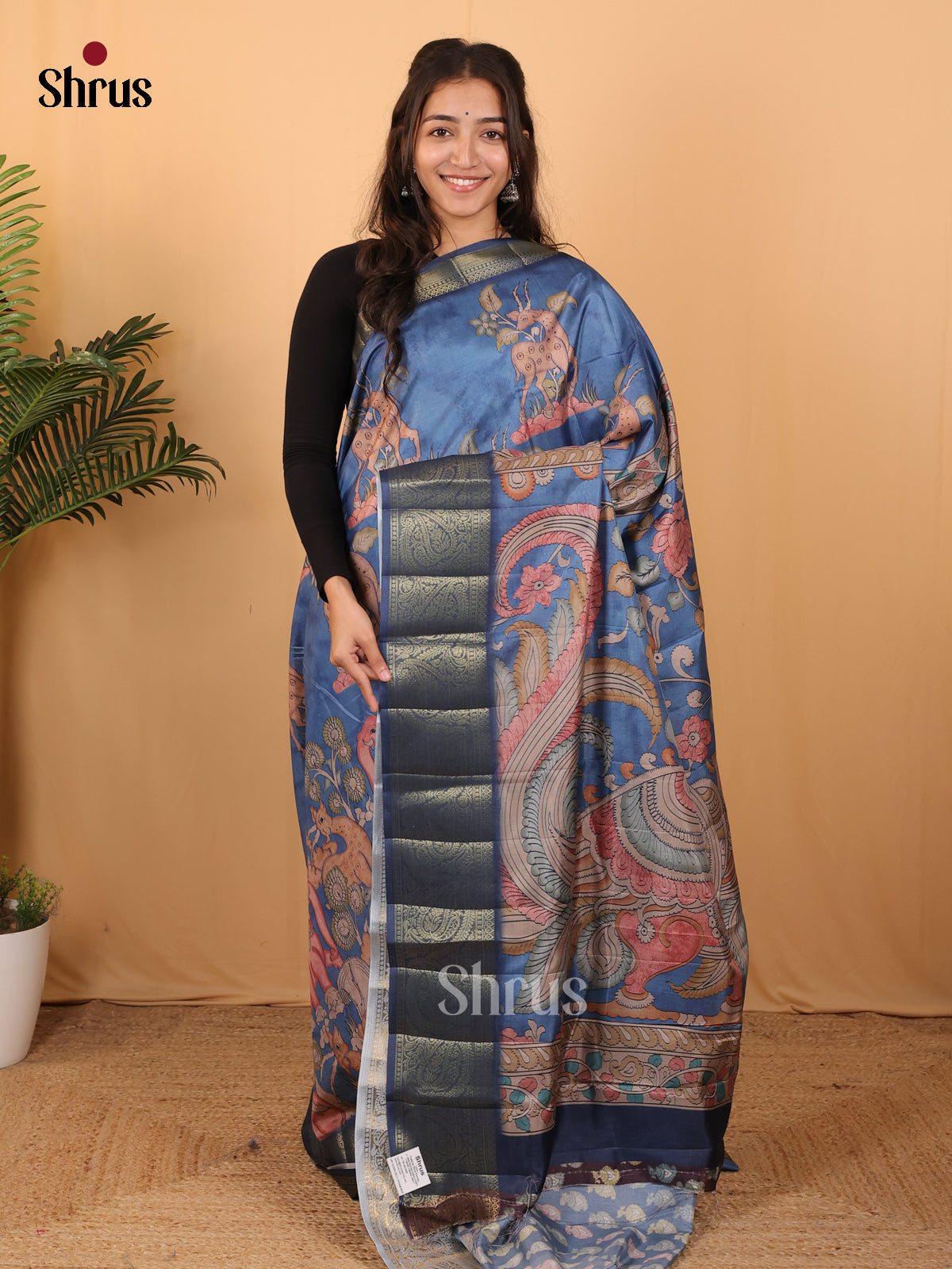 Blue - Chennur-Print Saree - Shop on Shrus.com